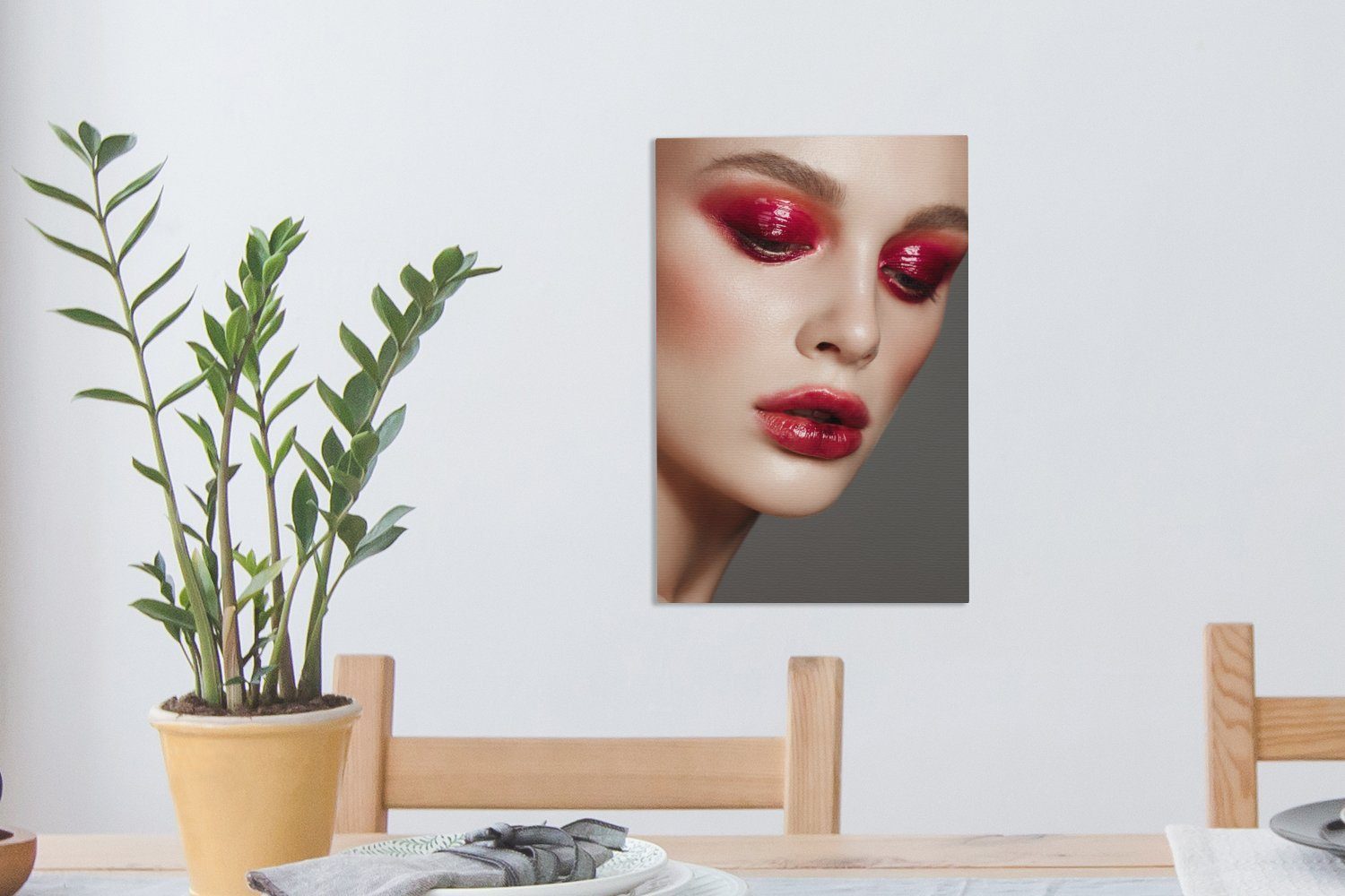 OneMillionCanvasses® Leinwandbild Bild einer Augenlidern, Leinwandbild inkl. leuchtend Gemälde, mit fertig Frau bespannt 20x30 roten Zackenaufhänger, Lippen cm St), und (1