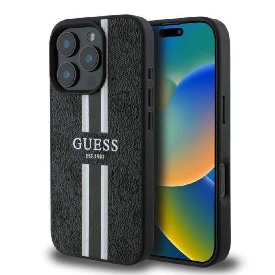 Guess Handyhülle iPhone 16 Pro Kunstleder grau mit Logo Muster Streifen MagSafe 6,3 Zoll, Kantenschutz
