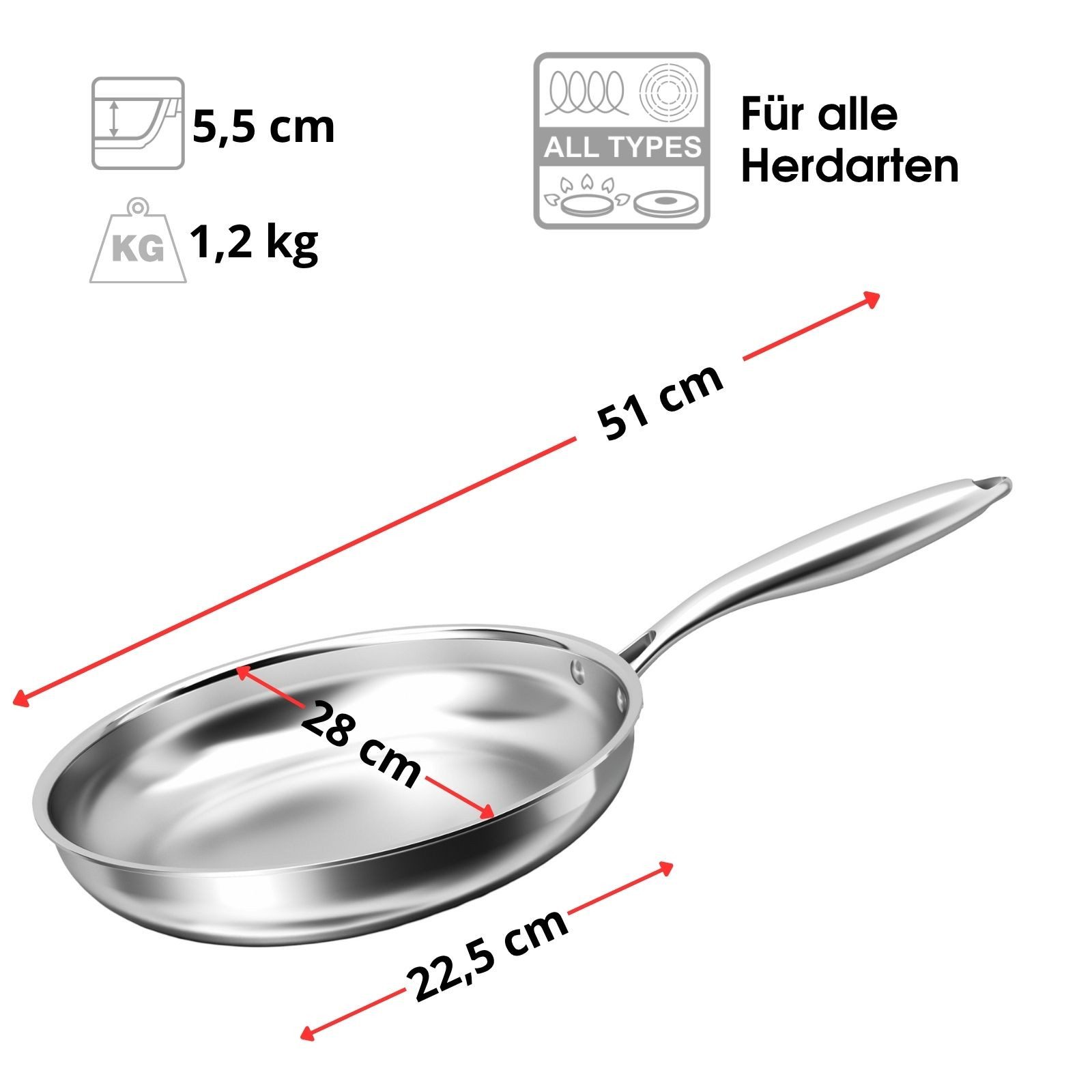 4BIG.fun Bratpfanne Pfanne 28cm Edelstahl Universalpfanne Schmorpfanne, Edelstahl