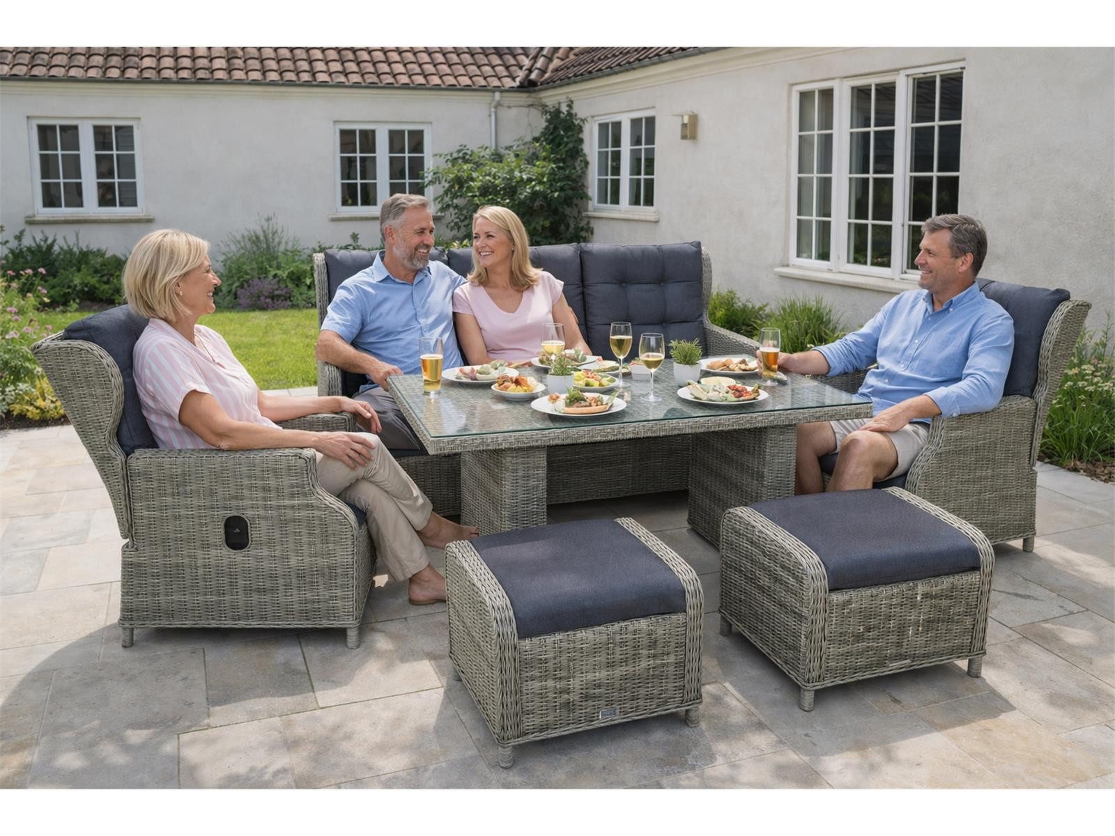 Green Spirit Gartenlounge-Set »Bilbao« Dininglounge Set Sitzgruppe Loungemöbel Lounge Gartenmöbel, (Set, 6-tlg., 1 Sofa, 2 Sessel, 2 Hocker, 1 Tisch, inkl. Auflagen), Polyrattan, braun, 7 Personen, wetterfest, Garten, Terrasse, Outdoor
