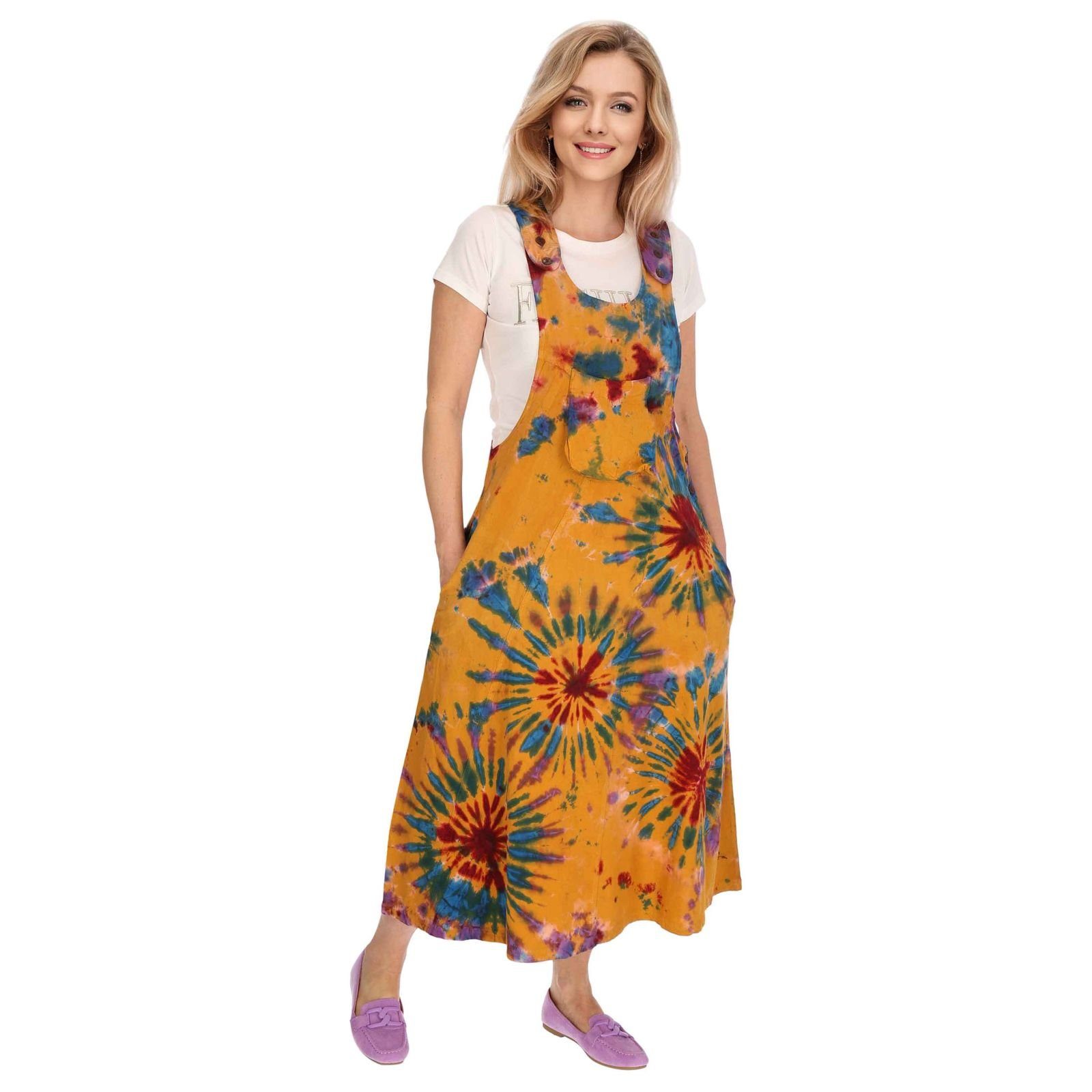 KUNST UND MAGIE Latzhose Latzkleid bunt Tie Dy Batik Boho Ibiza 70er Overall Hippie Sommerkleid