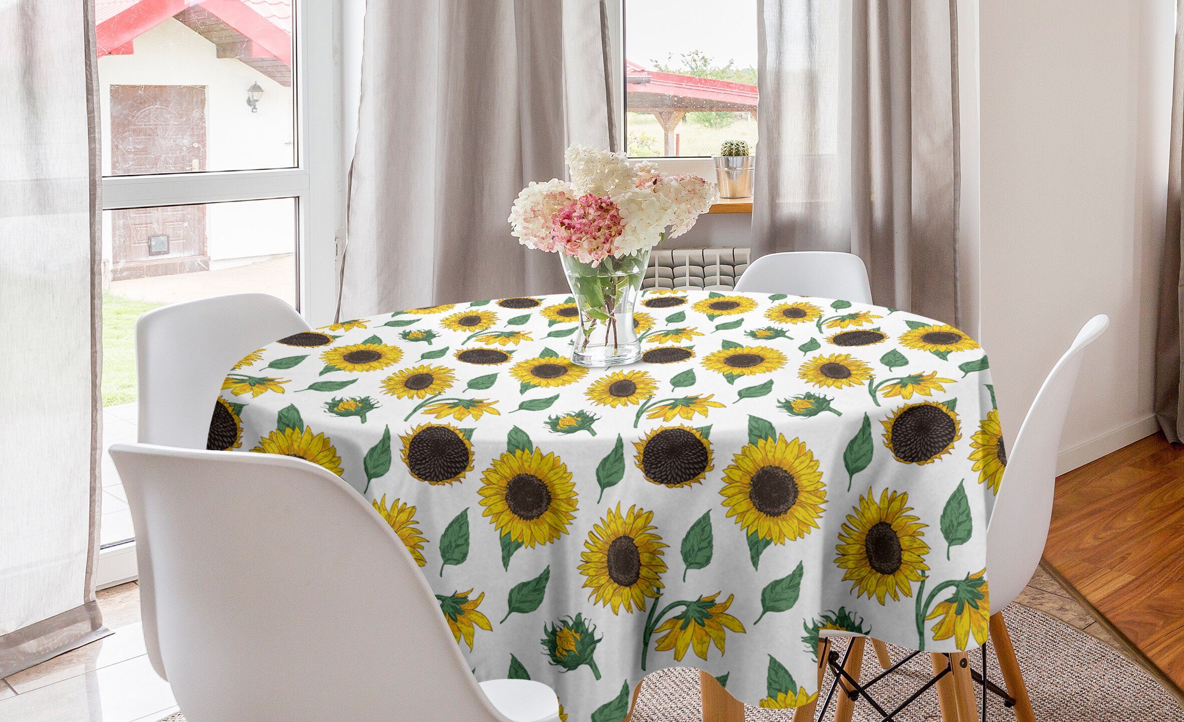 Esszimmer Hand gezeichnet Kreis Von Küche Tischdecke für Tischdecke Abakuhaus Dekoration, Sonnenblume Abdeckung Blumenkunst