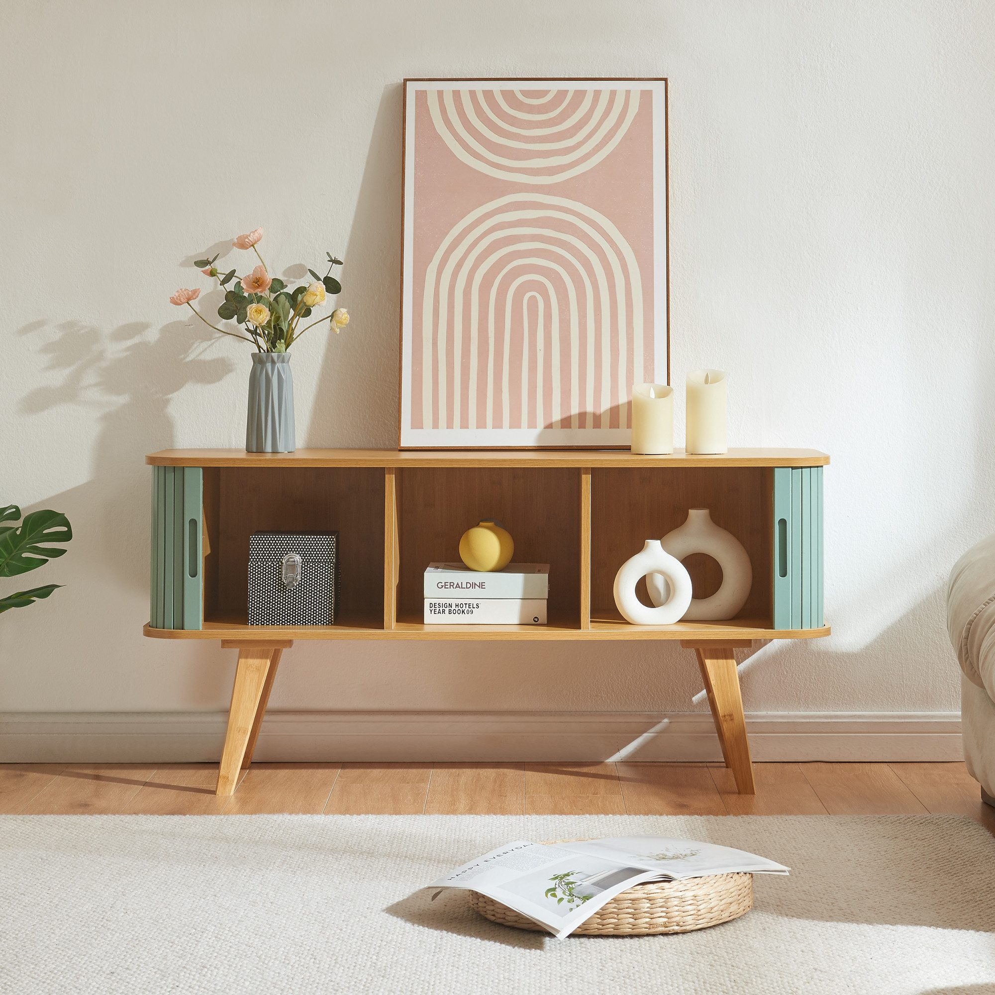 en.casa TV-Schrank »Tysvær« mit 2 Schiebetüren 120 x 40 x 58 cm Bambus/Blau günstig online kaufen