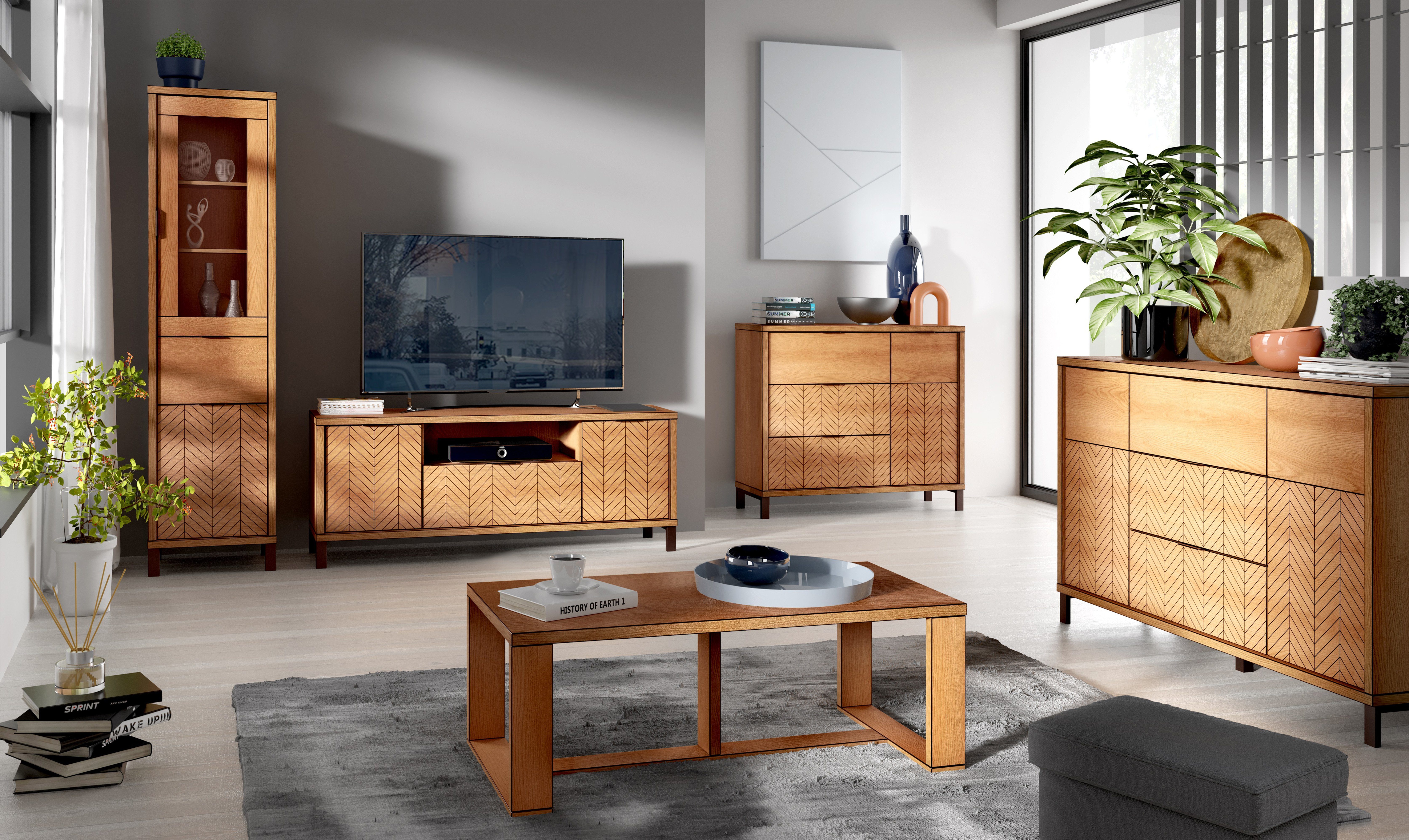 interessantes Tür B117,5 x Design Metallfüße F-7 Karamelleiche TV-Schrank cm, x H65 und Furnix Schublade FELLIO T40,6