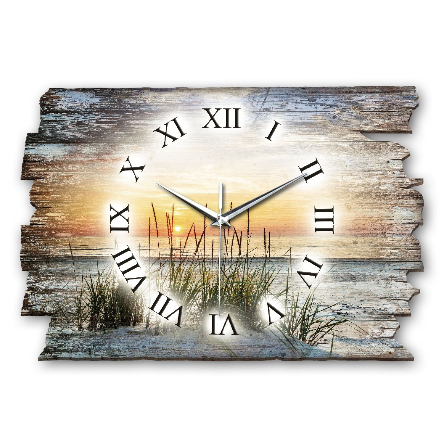 Kreative Feder Funkwanduhr Design-Wanduhr „Abendspaziergang am Strand“ aus Holz (ohne Ticken; flüsterleises Uhrwerk; außergewöhnlich, modern)