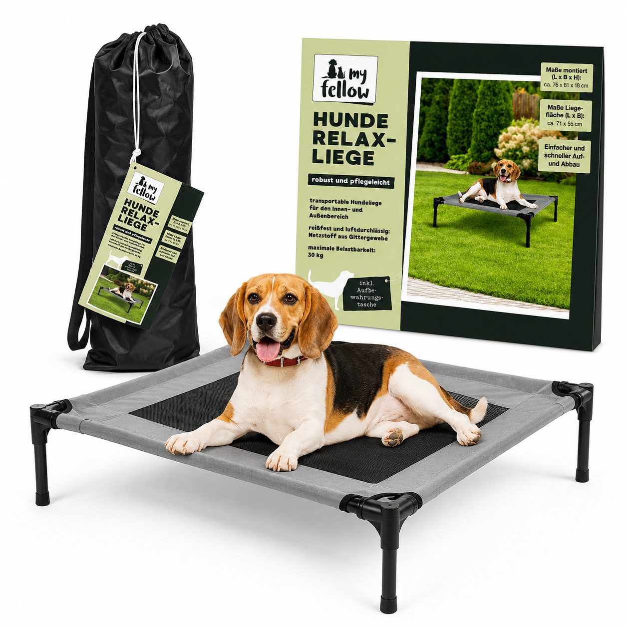 My Fellow Tierbett Hunde Relax-Liege 76 x 61 x 18 cm grau bis 30 kg für innen und außen, 70 % PVC, 30 % Polyester, außen 100 % Polyester, erhöht, luftdurchlässig, pflegeleicht, mit Tasche
