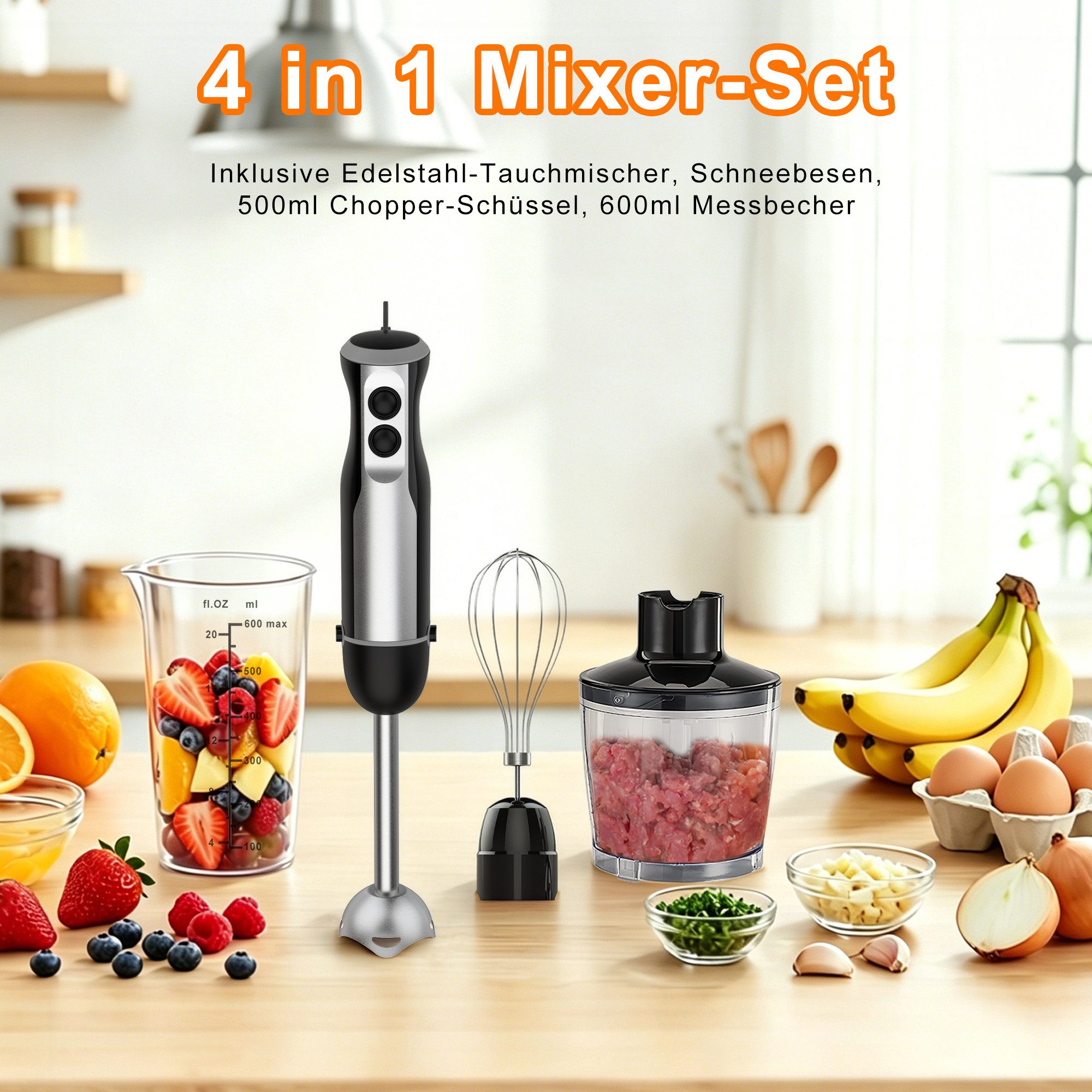 Luckice Stabmixer 1000W 4in1 Elektrisch Edelstahl Pürierstab mit 20 Geschwindigkeiten, 1000 W, TURBO-Taste für die Zubereitung von Soße,Babynahrung und Suppe – Bild 5 von 5