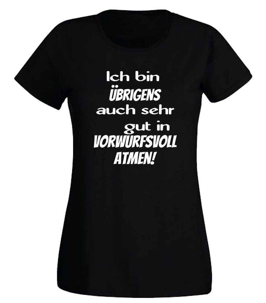 G-graphics T-Shirt Ich bin übrigens auch sehr gut in vorwurfsvoll atmen! Slim-fit- Damen T-Shirt mit Statement / Spruch als Frontprint