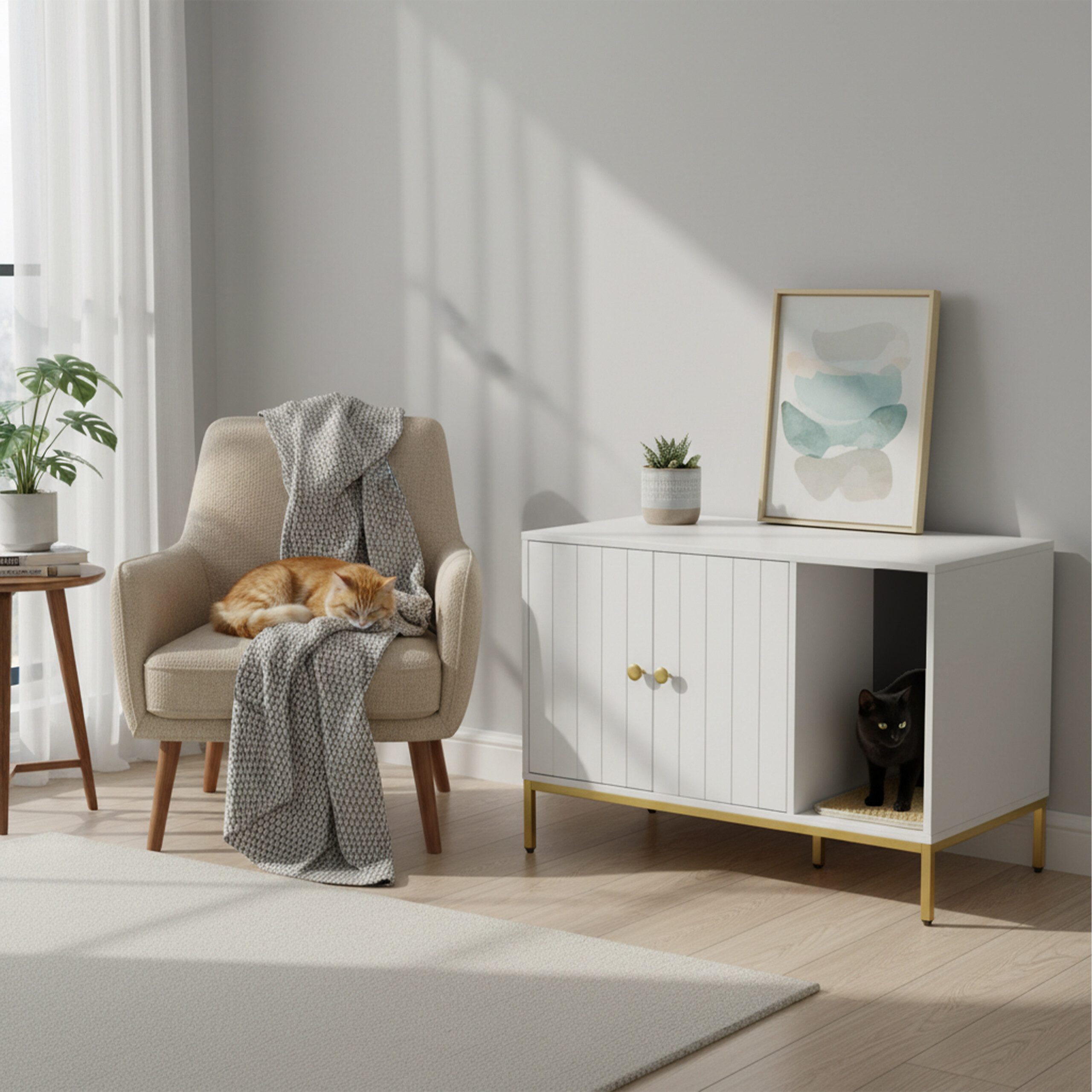relaxdays Katzenhaus Katzenschrank für Katzenklo, Weiß/Gold
