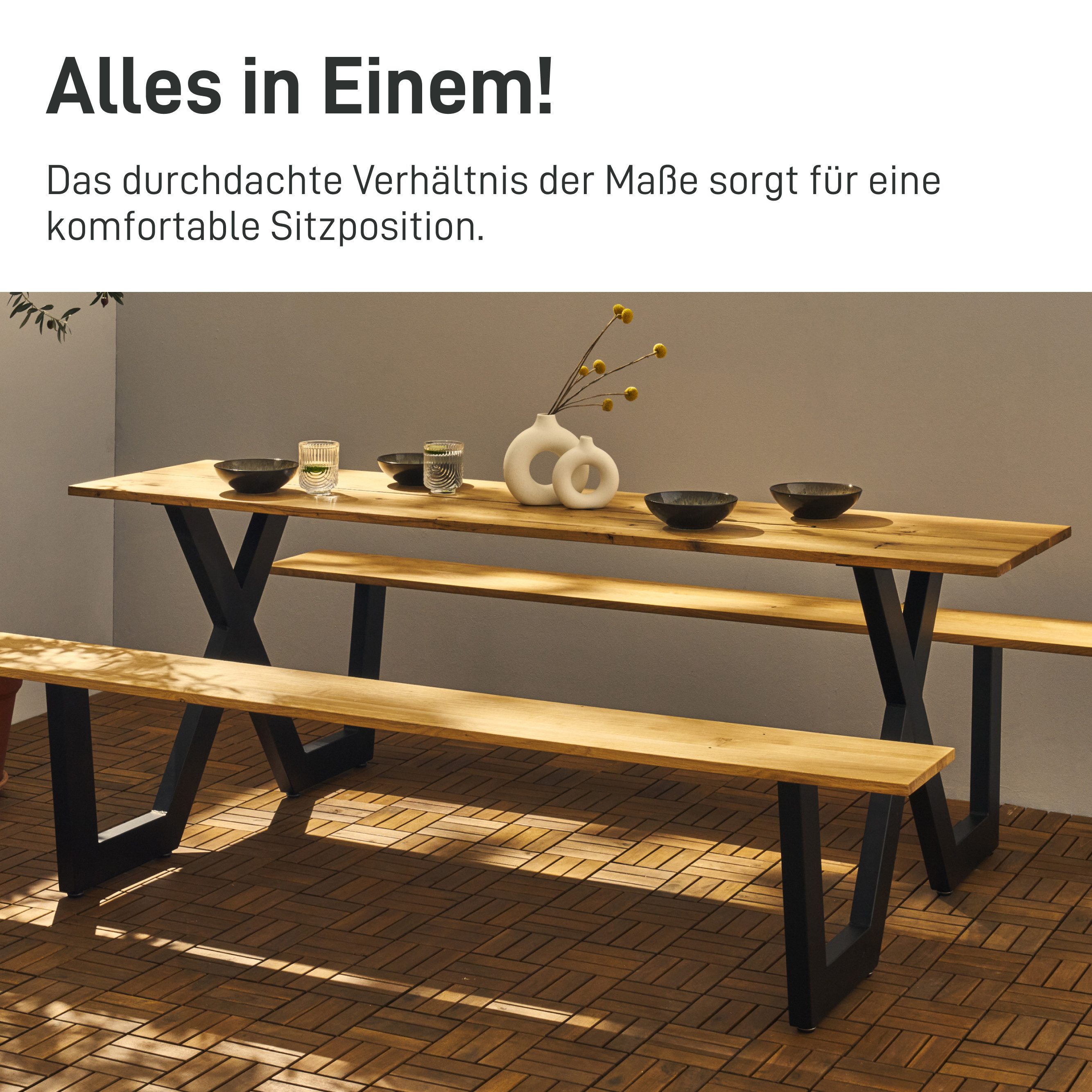 Natural Goods Berlin Sitzgruppe X & W, Tischbeine Metall Schwarz mit Bank, Picknicktisch Sitzgarnitur Outdoor