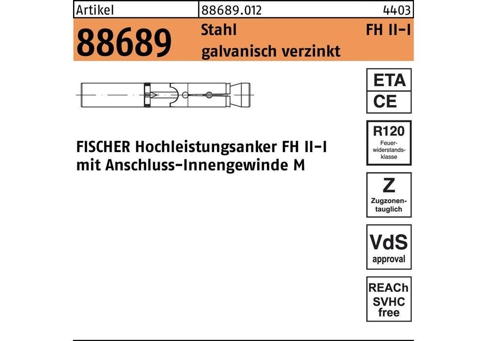 Fischer Hochleistungsanker Befestigungsanker R I 88689 15/M verzinkt FH Stahl 10 galvanisch II