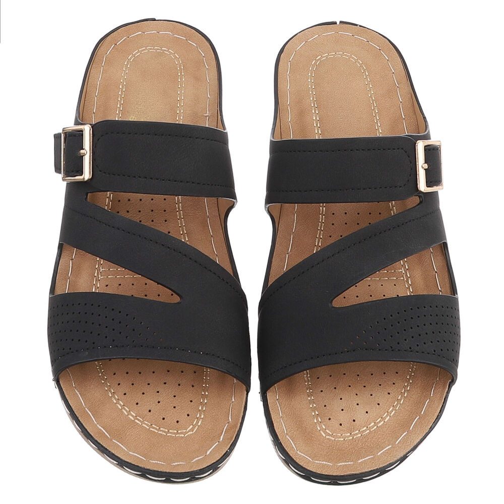 Ital-Design Damen Keilsandale mit Schnalle und Komfortfußbett Pantolette (91849270) Keilabsatz/Wedge Keilsandaletten in Schwarz – Bild 4 von 5
