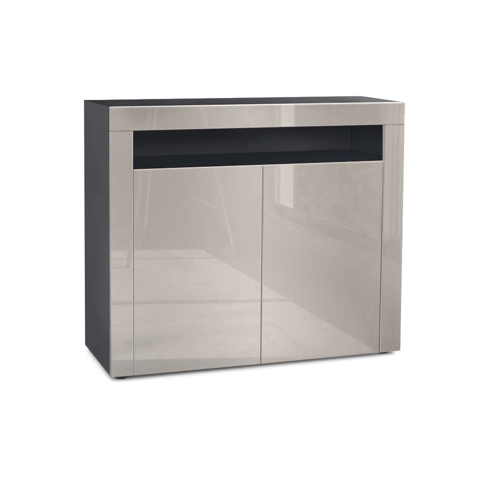Vladon Kommode Valencia (Kommode, Sideboard mit 2 Türen und 1 offenem Fach), Schwarz matt/Sandgrau Hochglanz/Sandgrau Hochglanz (108 x 92 x 40 cm)