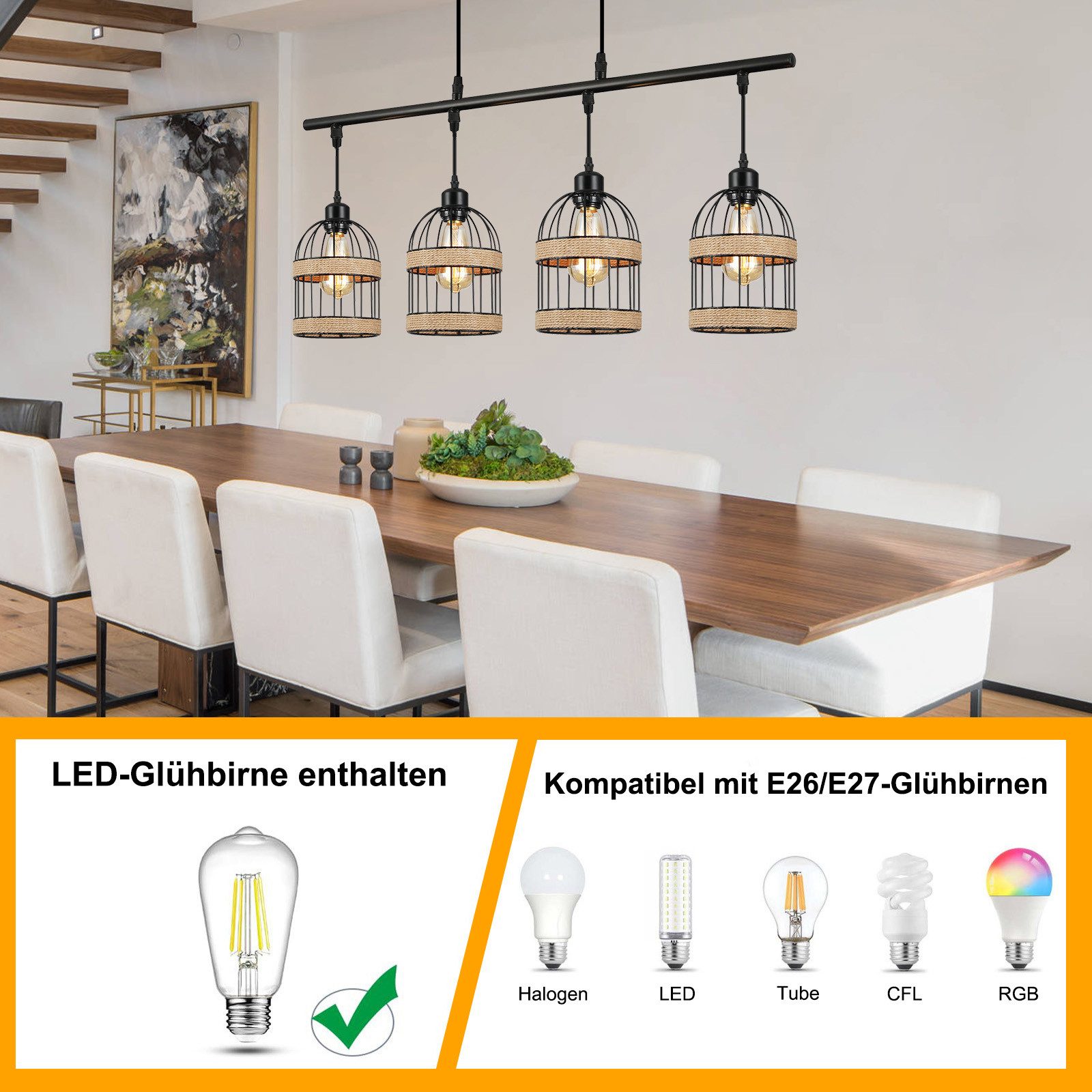 Rosnek Pendelleuchte 4-Licht Rattan hängelampe 4W, Schwarz, Modern Semi-Flush, Halogen, Für Kücheninsel, Esszimmer, Wohnzimmer, Industrial Stil