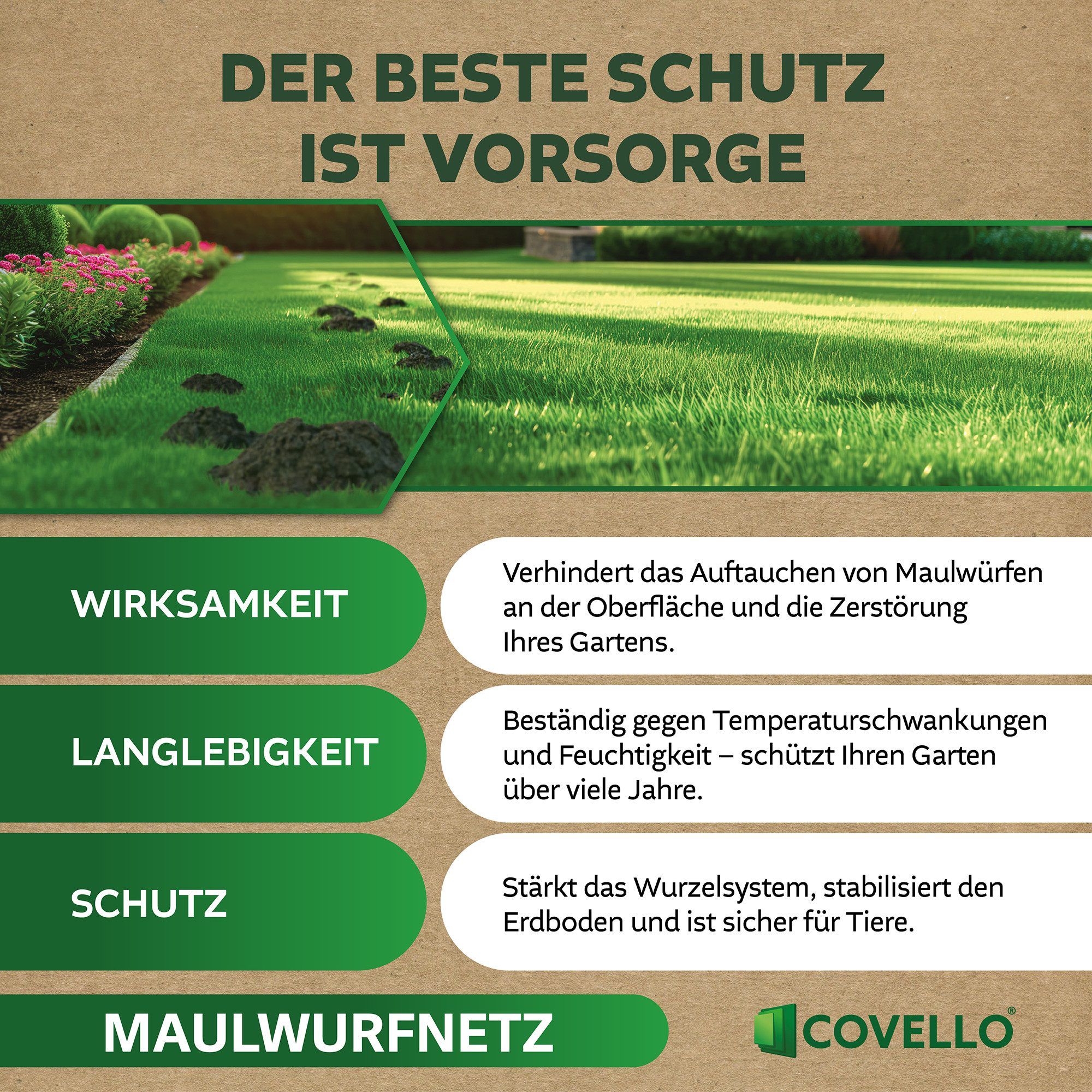 Covello Maulwurfgitter Maulwurfnetz Classic Line 25g/m² Maulwurfschutz Laubschutznetz, 5000x100x0,02 cm, 50m x 1m = 50m², Teichnetz Gartennetz Vogelschutznetz Wühlmausschutz Maulwurfsperre, verschiedene Längen und Breiten wählbar