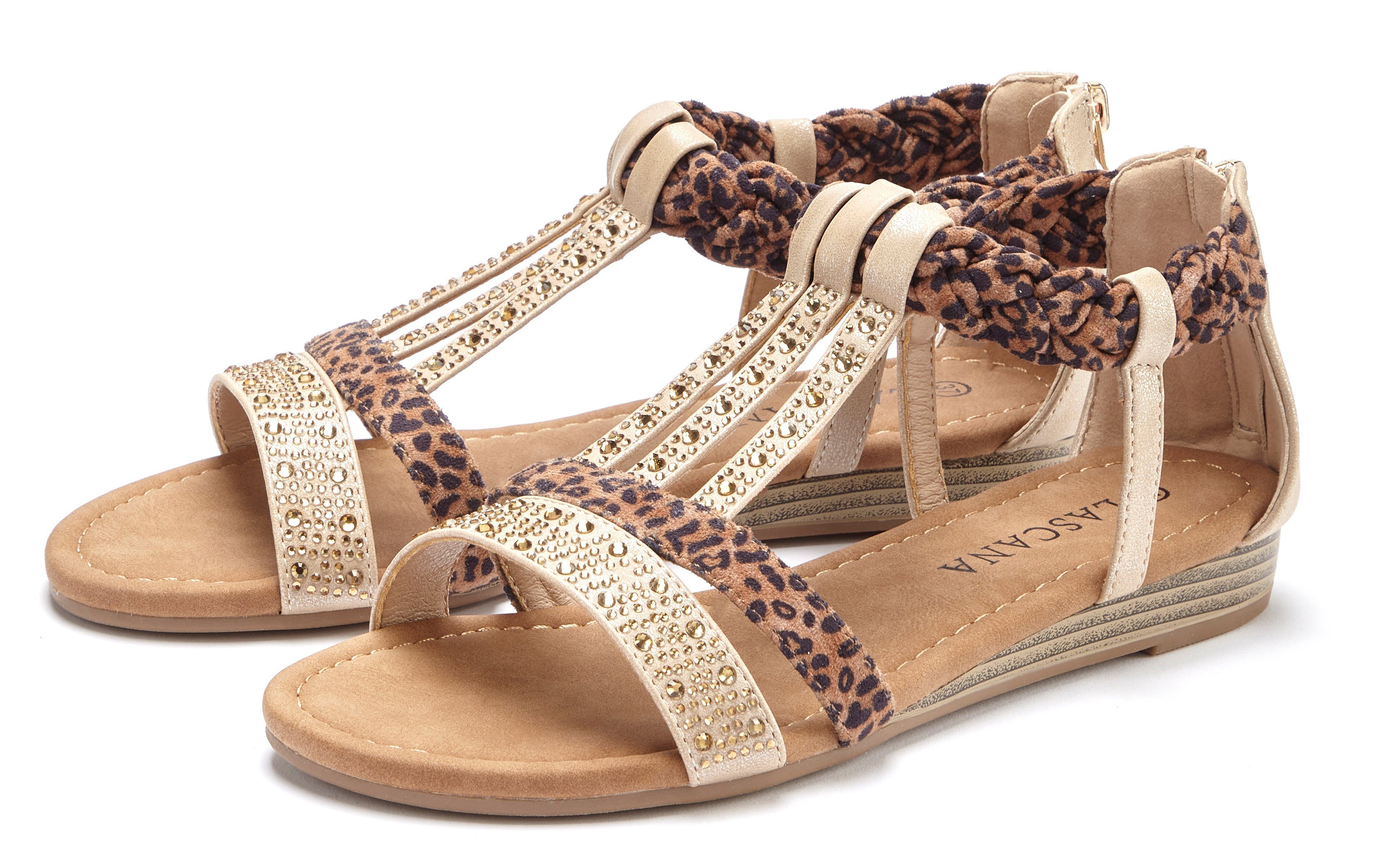 LASCANA Sandale beige-braun Sandalette, Verzierung Keilabsatz mit VEGAN kleinem und Sommerschuh