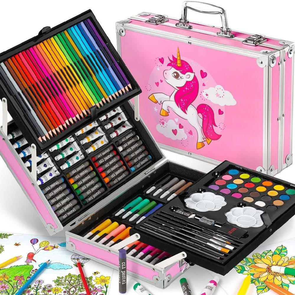 Kreativset 145-teiliger Einhorn Kunstkoffer für Kinder mit Zeichen und Malutensil