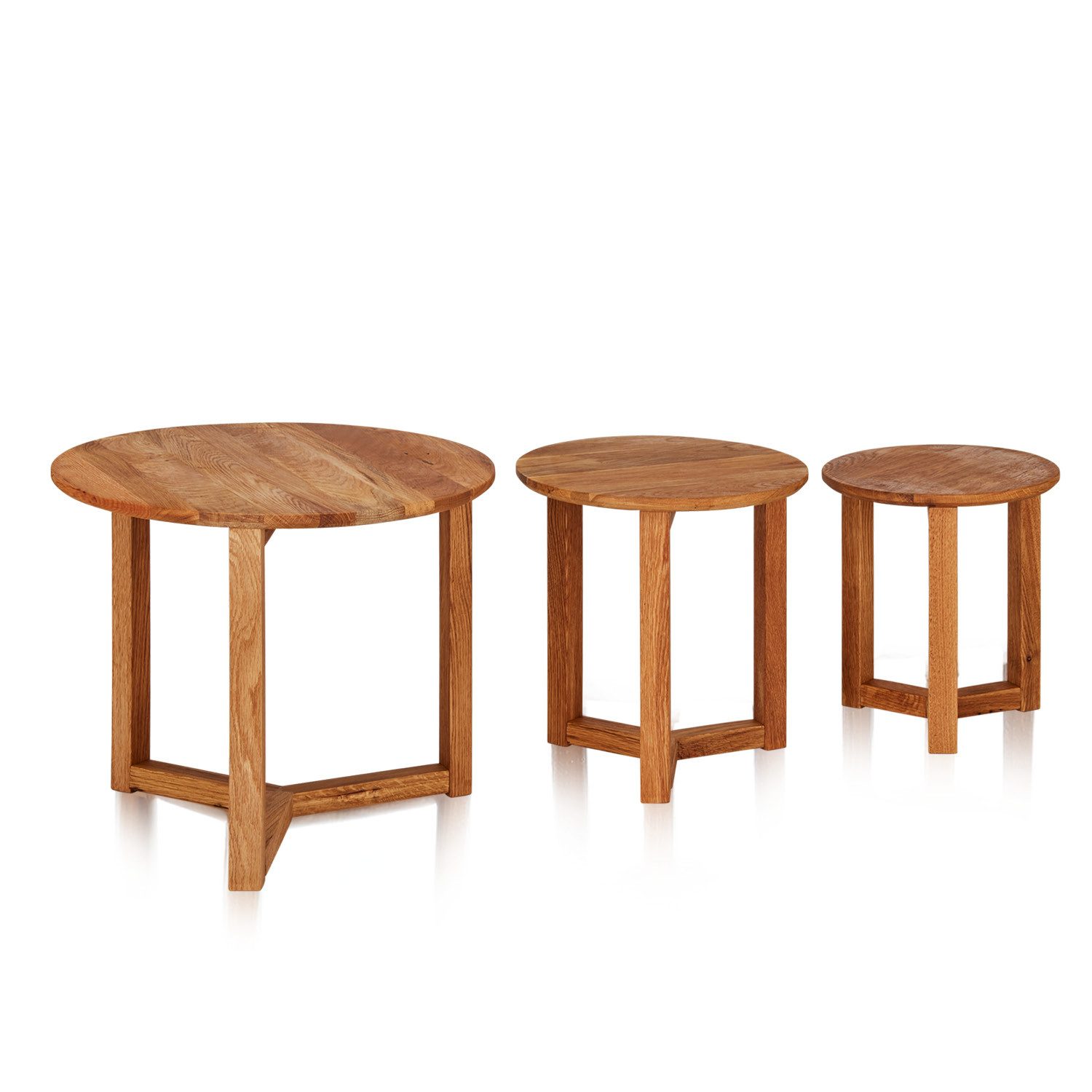 KHG Couchtisch 3er Set geöltes Massivholz Eiche runde Tischplatte (Kufen-Gestell klassisches Sofatisch-Set belastbar 50 kg, langlebiges Holz rustikales Design platzsparend)