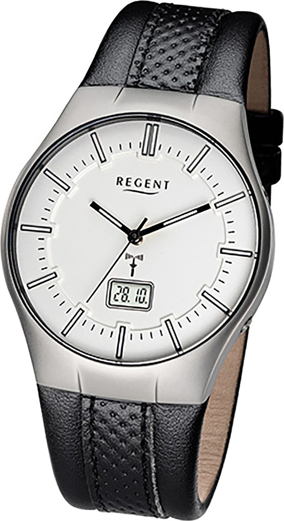 Regent Lederarmband, mit Funkuhr Herren Uhr Leder FR-217 Funkuhr, (ca. Regent 39mm), Elegant-Style rundes Gehäuse, Herrenuhr