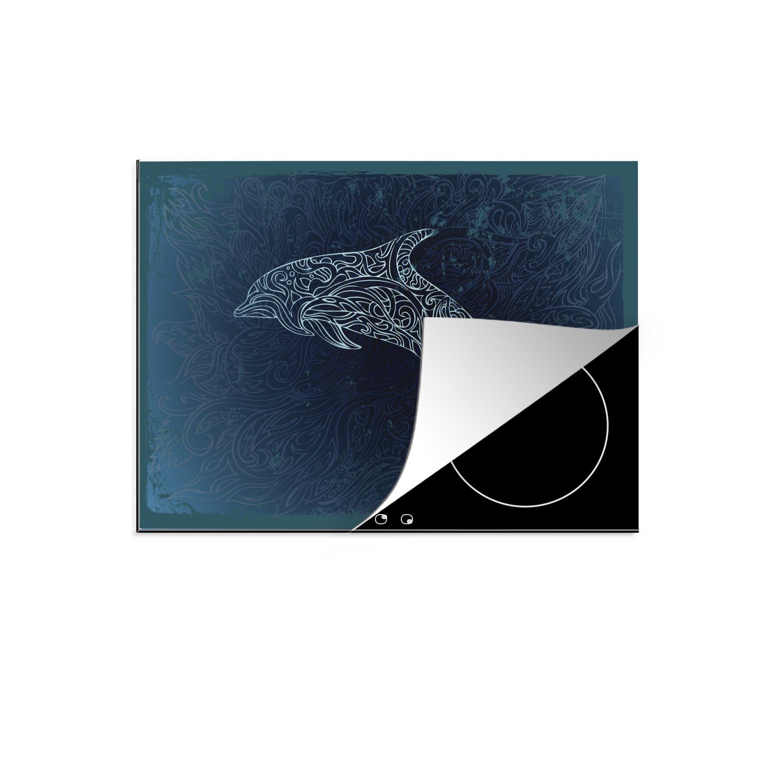 MuchoWow Herdblende-/Abdeckplatte Delfin - Blau, Vinyl, (1 tlg), 70x52 cm, Mobile Arbeitsfläche nutzbar, Ceranfeldabdeckung