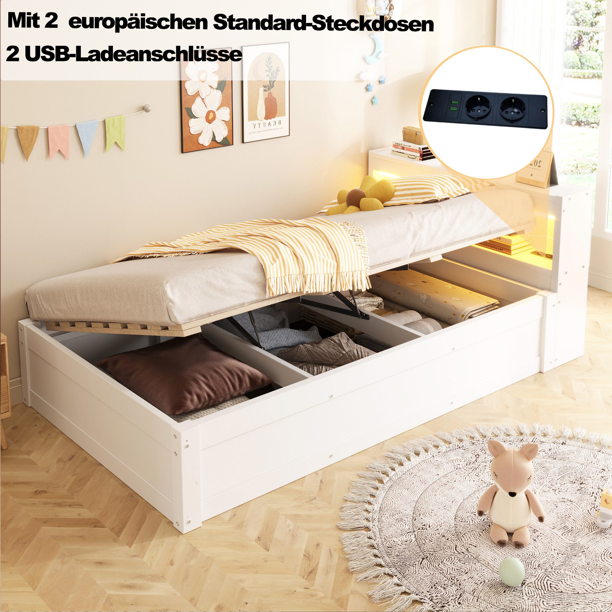 Flieks Massivholzbett, Hydraulisches Stauraumbett Daybett 90×200cm mit LED-Leiste & Aufladen – Bild 5 von 5