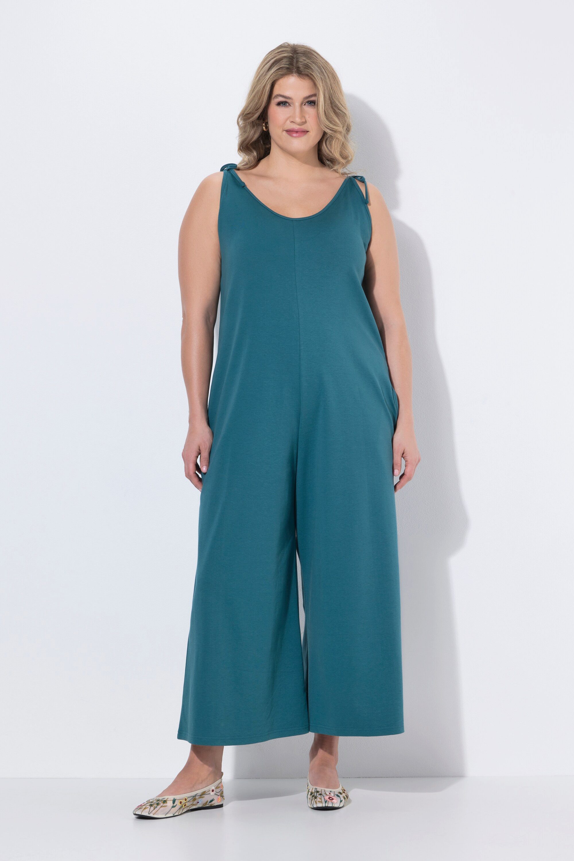 Ulla Popken Schlupfhose Jersey-Jumpsuit weites Bein Ziernaht Biobaumwolle