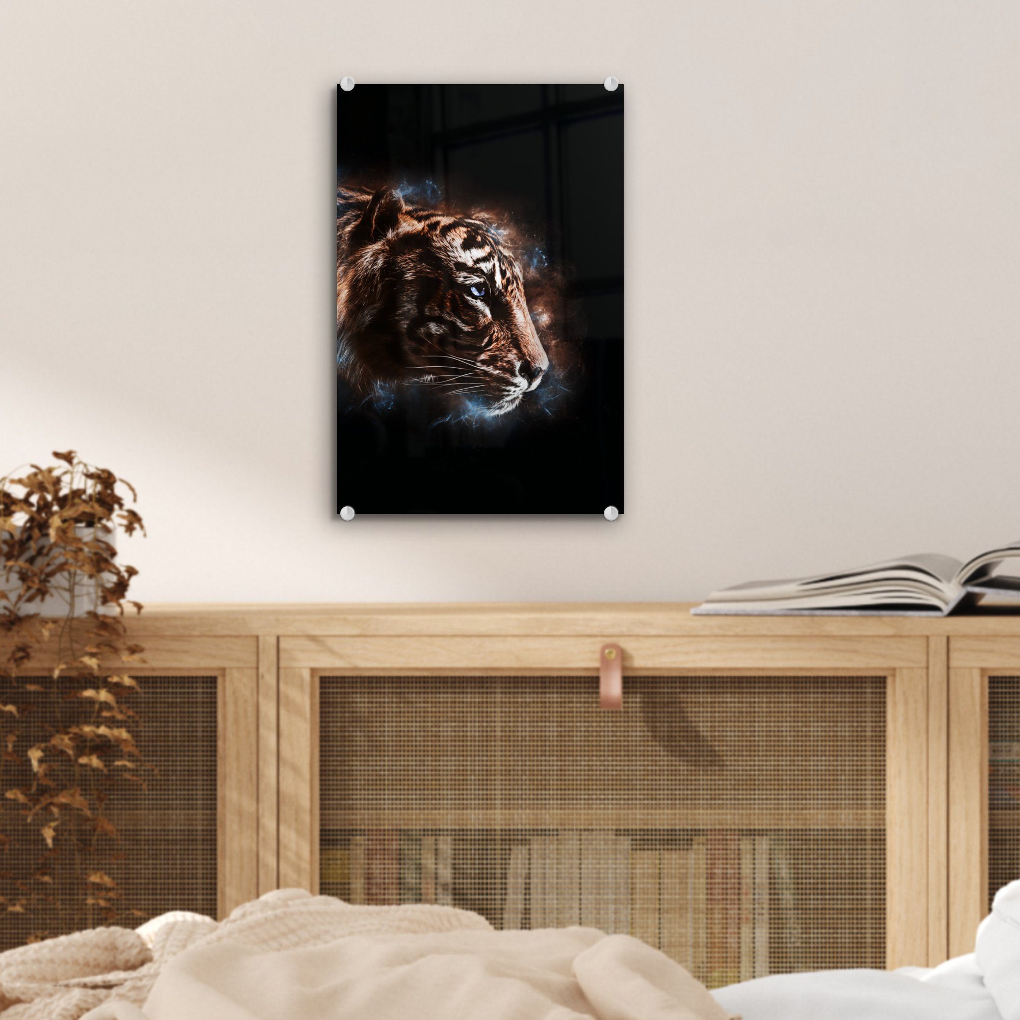 Acrylglasbild MuchoWow bunt Bilder - auf Glasbilder auf - Tiger Wandbild - Wanddekoration (1 Schwarz, St), Magie Glas Glas - Foto -