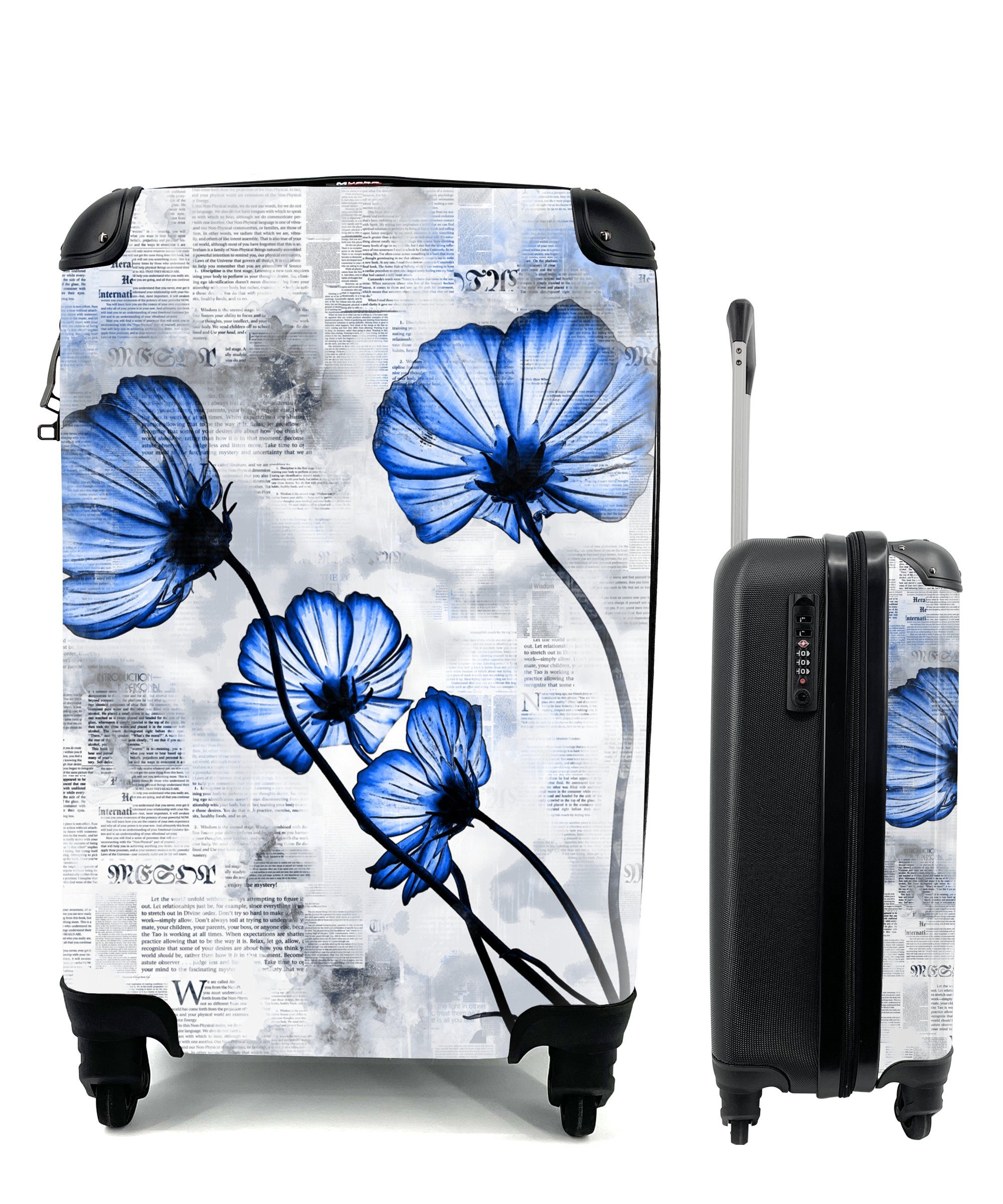 Ferien, für Trolley, Handgepäck Zeitungspapier rollen, Rollen, MuchoWow Reisekoffer mit Blumen Blau, 4 - - Handgepäckkoffer Reisetasche