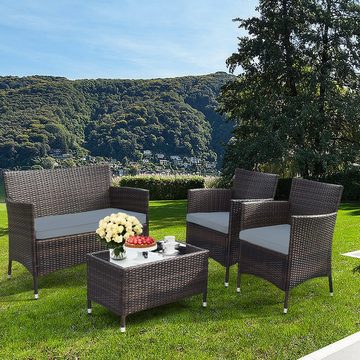 COSTWAY Gartenlounge-Set, (4-tlg), Rattan, Hartglas Tisch, mit Kissen