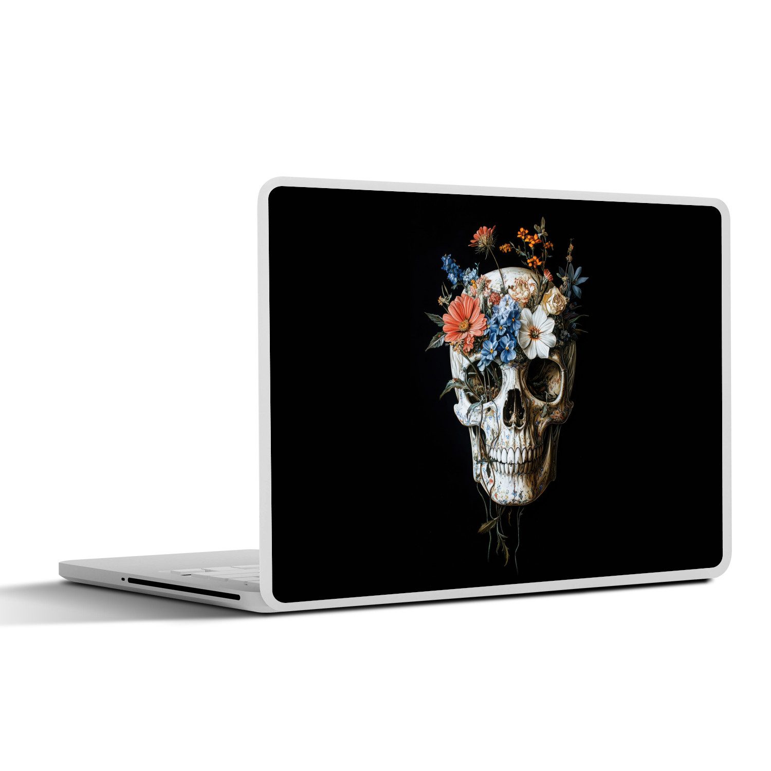 MuchoWow Laptop-Aufkleber Blumen - Totenkopf - Farbenfroh, (1tlg), Laptop Folien Cover, Aufkleber, Sticker, Schutz vor Kratzern, 25x18 cm