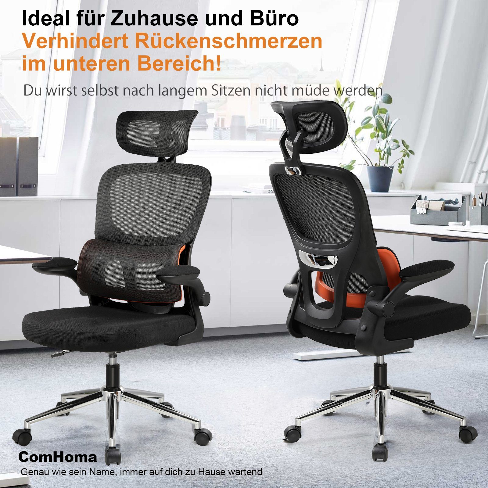 COMHOMA Bürostuhl ergonomischer Schreibtischstuhl Chefsessel mit W-Form  breiter Sitz, verstellbare Lendenwirbelstütze, Kopfstütze, hochklappbare  Armlehne