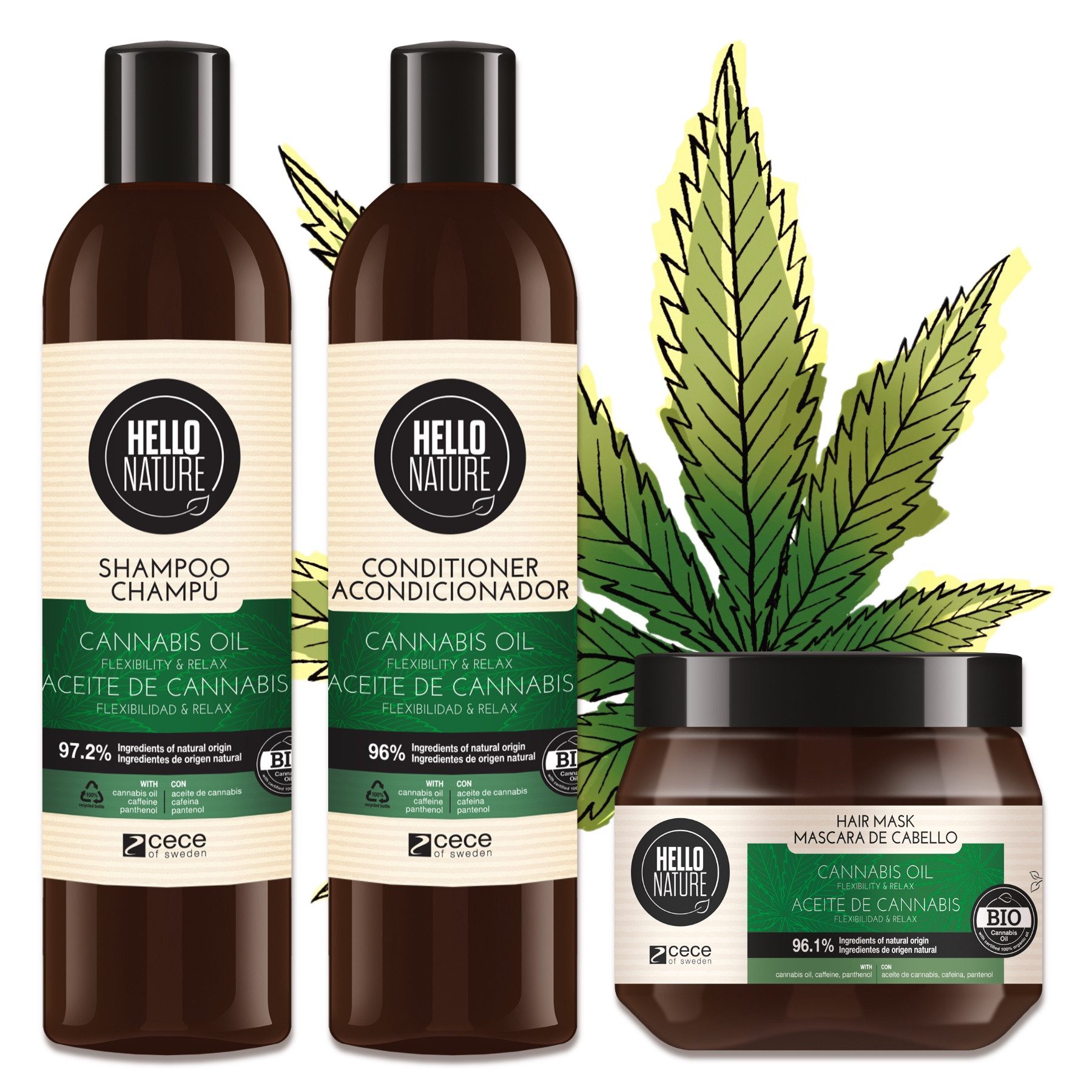 P-Beauty Cosmetic Accessories Уход за волосами-Set Haarkur Hanföl Haar Shampoo Conditioner Set Haarmaske Hello Nature, Уход за волосами-Set, Haarshampoo, Spülung, Maske, Hanf-Öl