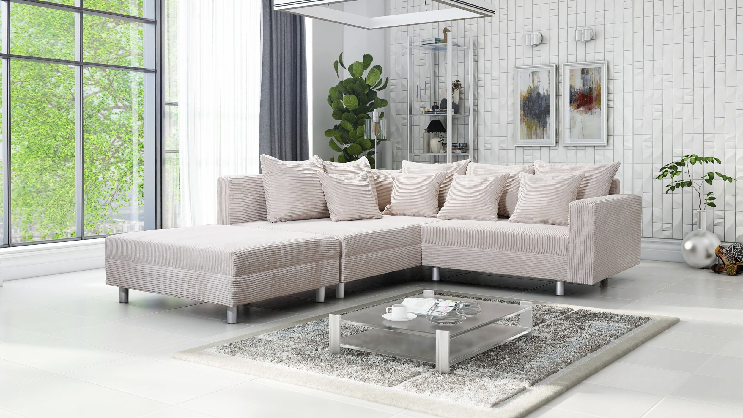 Küchen-Preisbombe Sofa Wohnlandschaft Sofa Couch Ecksofa Eckcouch Cordstoff beige Minsk L, Ecksofa + Hocker