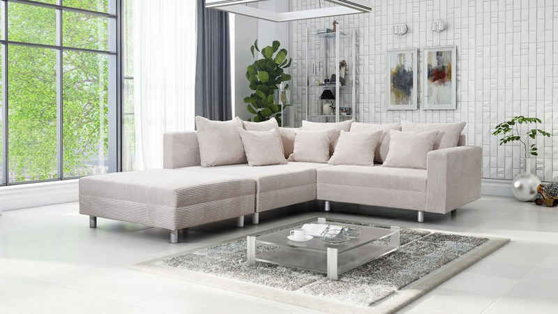 Küchen-Preisbombe Sofa Wohnlandschaft Sofa Couch Ecksofa Eckcouch Cordstoff beige Minsk L, Ecksofa + Hocker