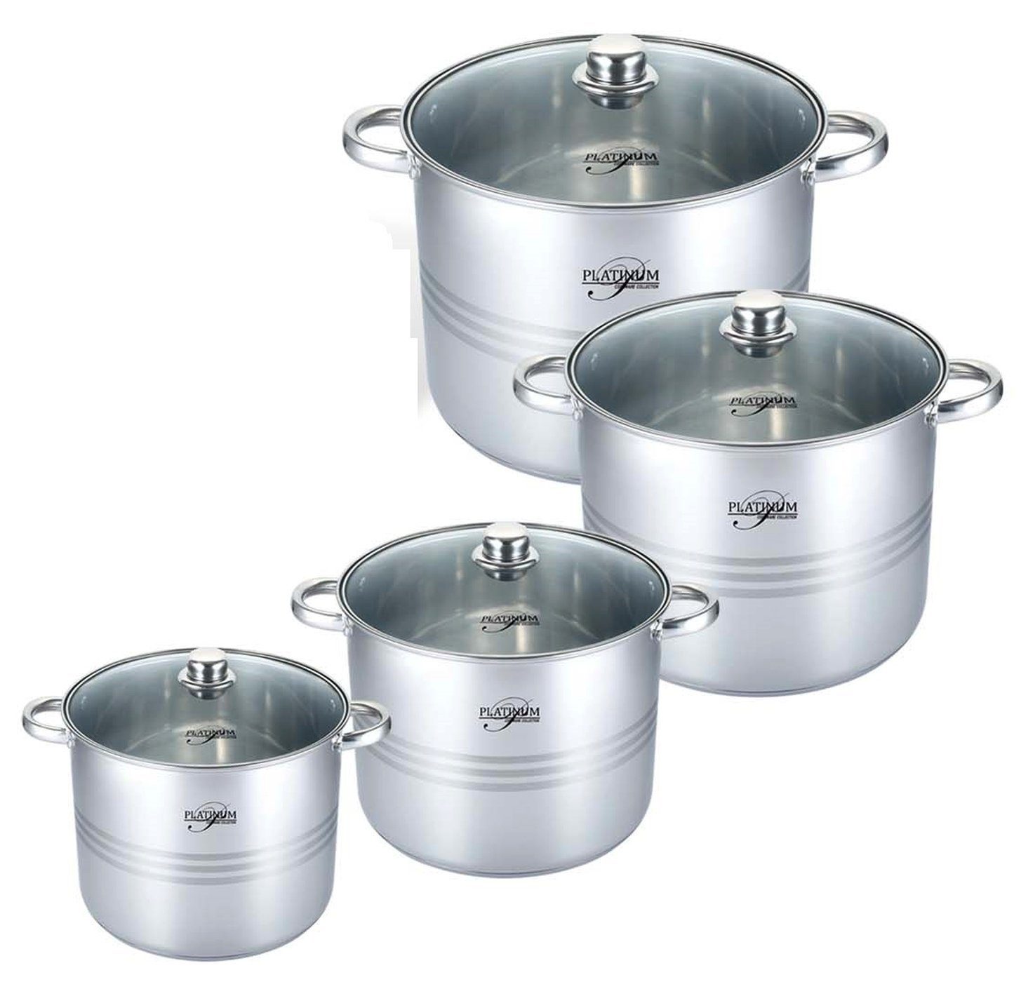 Platinum Topf-Set Kochtopf Topfset mit Glasdeckel Induktion Platinum Edelstahl 8-tlg., Edelstahl (Set bestehend aus 4 Töpfen und 4 Glasdeckeln)