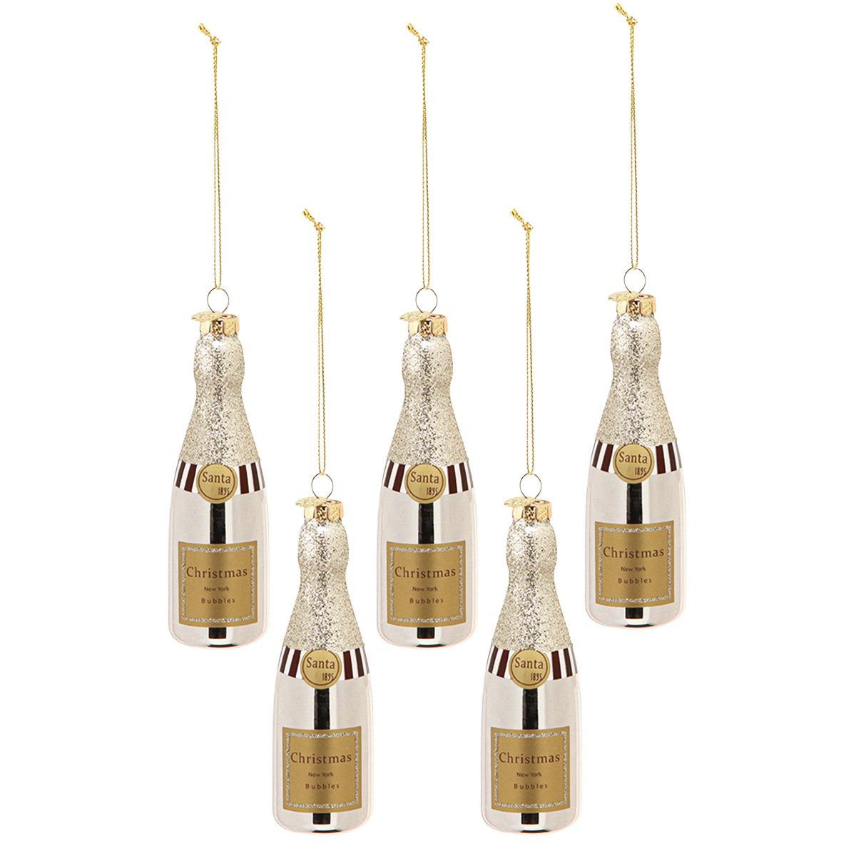 Kaemingk Baumbehang Silberne Champagnerflaschen Deko 13cm 5er Set Silvester, 5 Stück