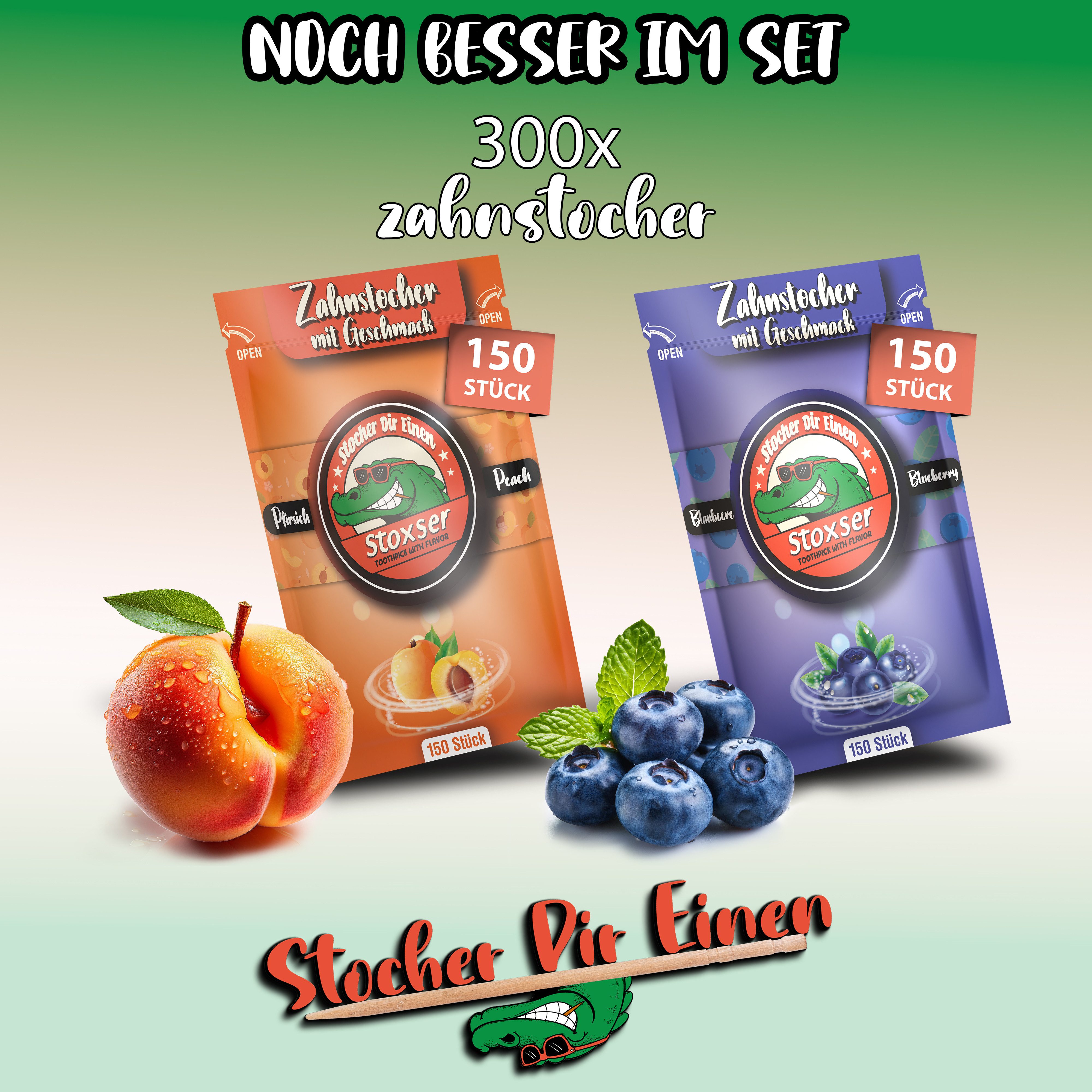 Stoxser Mundpflegecenter Stoxser 300x Zahnstocher mit Geschmack 2er Pack, 300x Zahnstocher mit Geschmack 2er Pack, Kein Kaugummi Unterstützend zu Zahnpasta Zahnseide Zuckerfrei