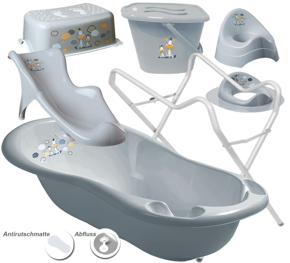 Zebra + + cm, Badeset AUFSATZ 6 + 6 Ständer SITZ WC 84 Wanne Ständer), - Maltex WANNE + Grau SET Weiss + + + Baby Teile STÄNDER -- = Babybadewanne (Premium.set + HOCKER TÖPFCHEN EIMER tlg