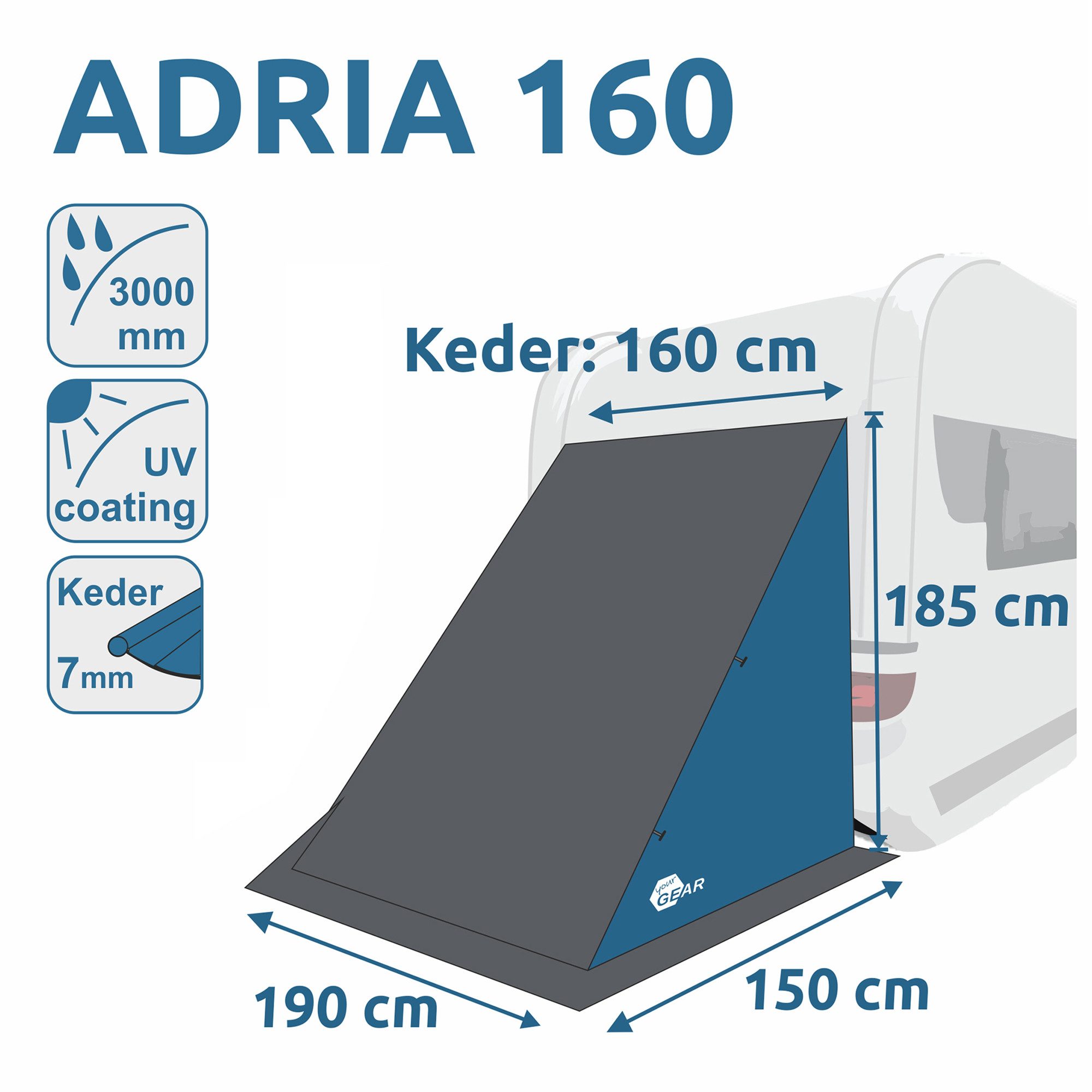 yourGEAR Vorzelt your GEAR Adria 160 Caravan Heckzelt, Geräte / Lagerzelt für Wohnwagen, Personen: 0