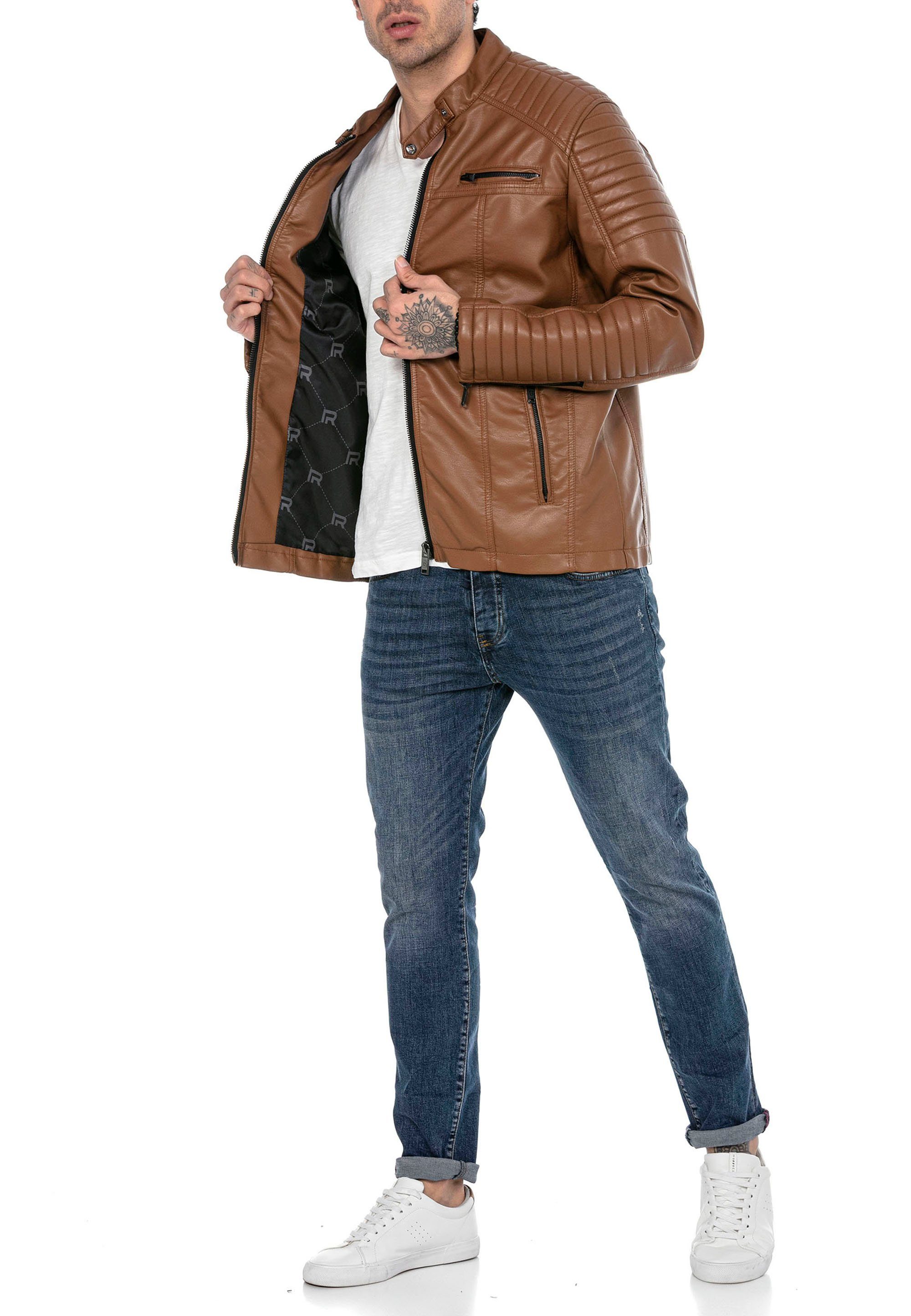 RedBridge Lederimitatjacke Urban Bikerjacke Steppjacke Kunstleder Schwarz Stehkragen mit Druckknopf