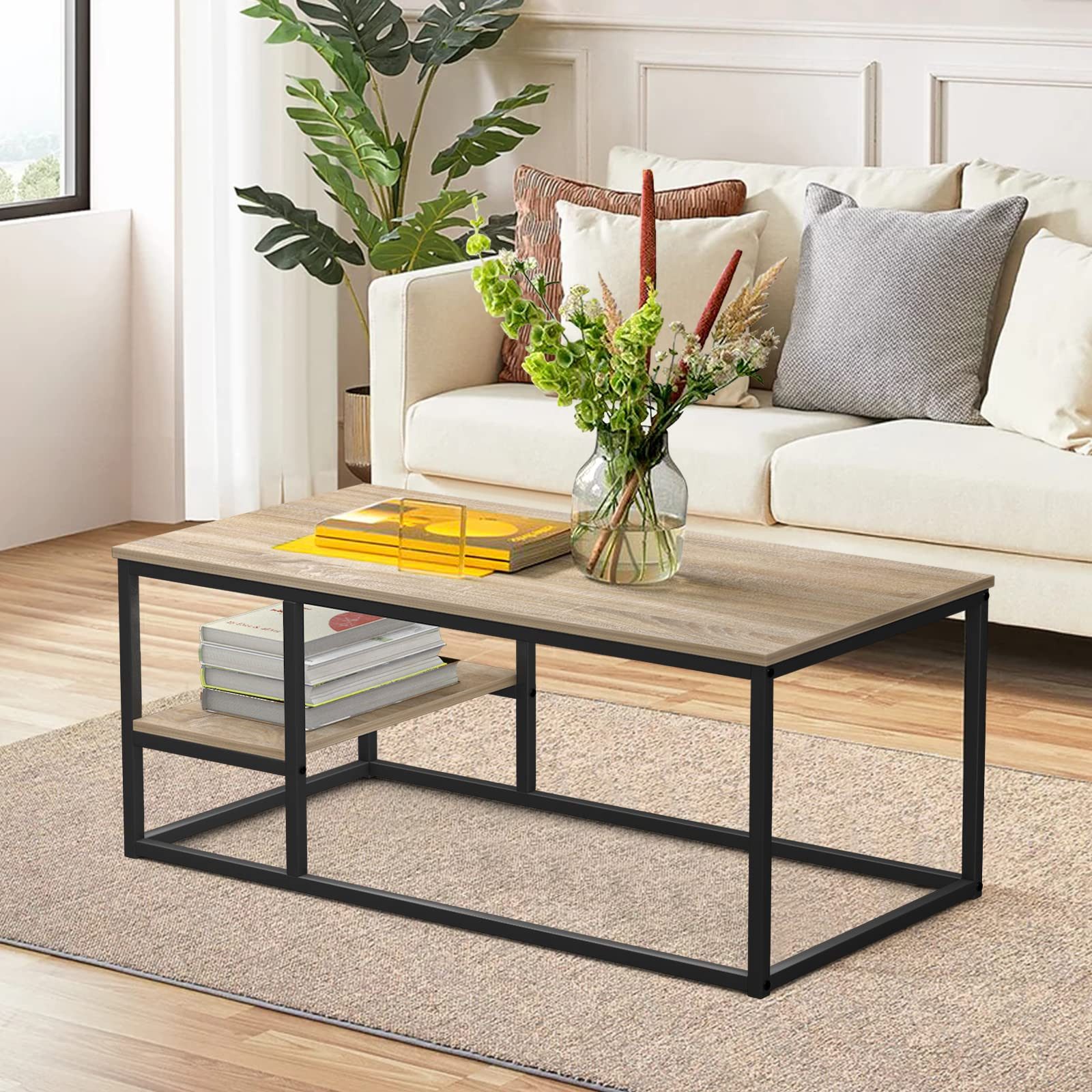 VOWNER Couchtisch Wohnzimmer Tisch, Stahlrahmen (1er-Set), Holzfarbe