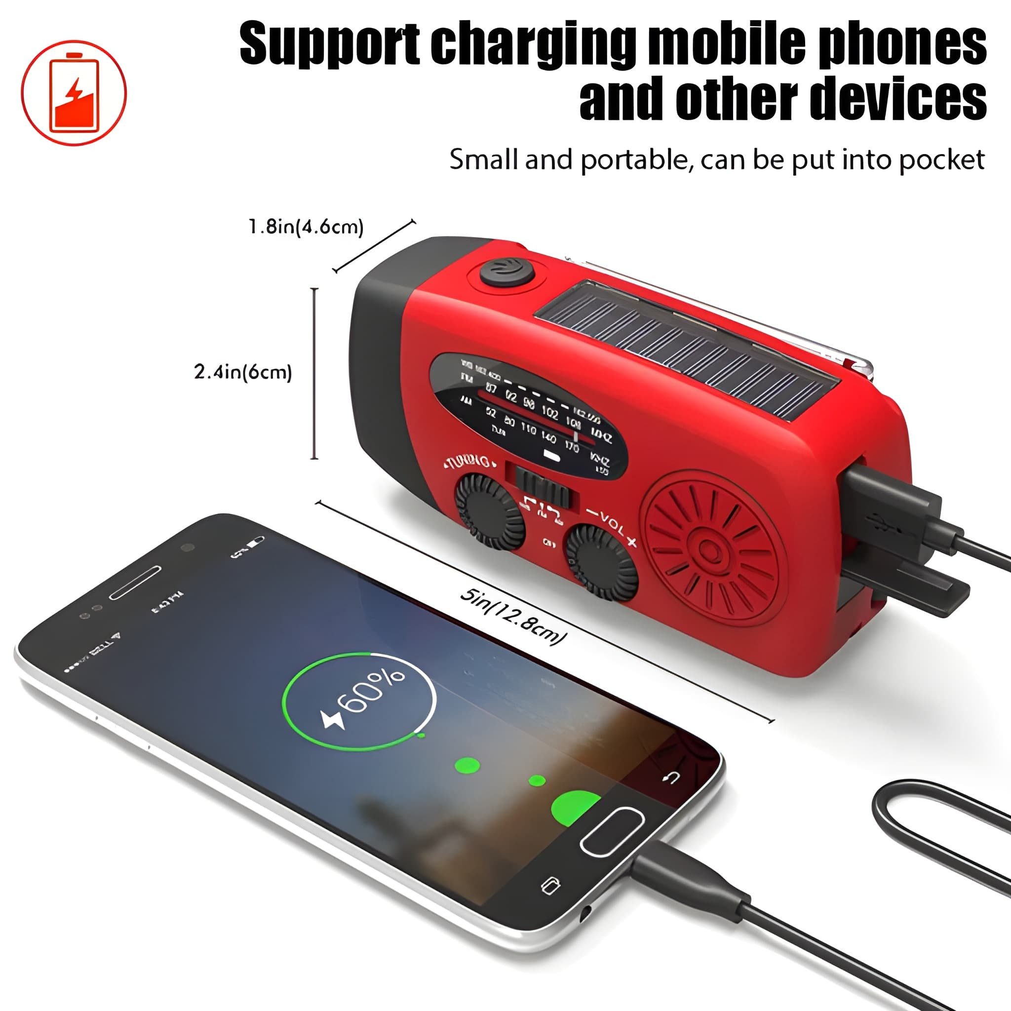 Athlix Solar Handkurbel Radio, AM/FM Kurbelradio Tragbar USB Notfallradio (Digitalradio (DAB), Notfall-Powerbank, Taschenlampe, Kurbel & Solar zum Laden) – Bild 5 von 5