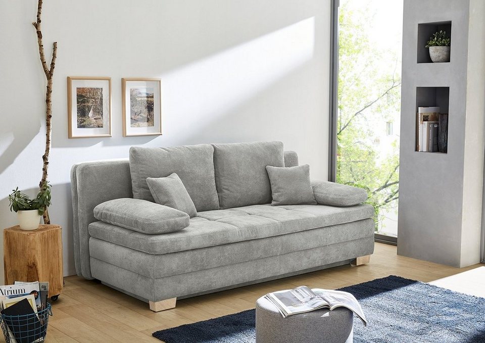 Jockenhöfer Gruppe Schlafsofa LINDAU, B 203 cm x T 106 cm, Hellgrau,  Flachgewebebezug, Schlaffunktion, mit Bettkasten und Kissen