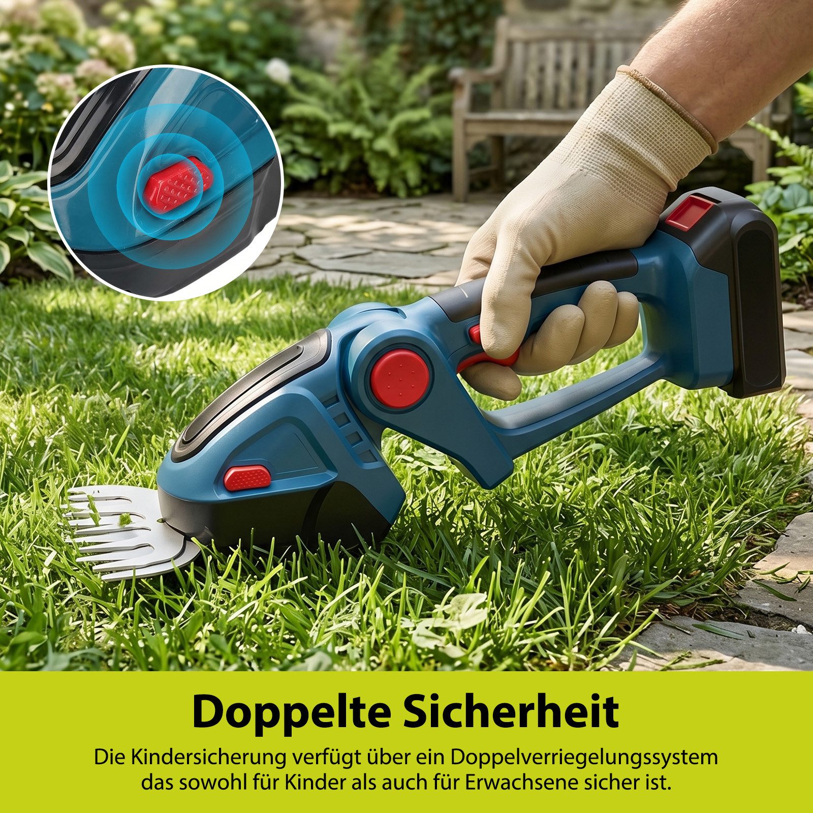 AKKEE Akku-Grasschere Akku Heckenschere 2-in-1 Akku-Grasschere mit 1500mAh Batterien, Doppelschalter – Bild 5 von 5