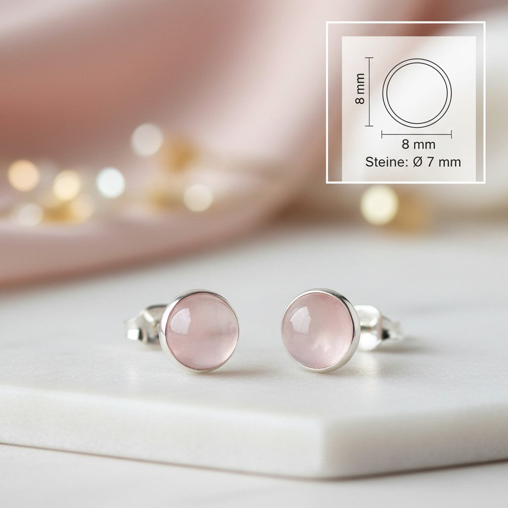 mantraroma Paar Ohrstecker SAMA rund medium aus 925 Silber mit Rosenquarz (Paar, Paar Ohrringe mit Schmuckbeutel), 925 Sterling Silber Ohrringe für Damen