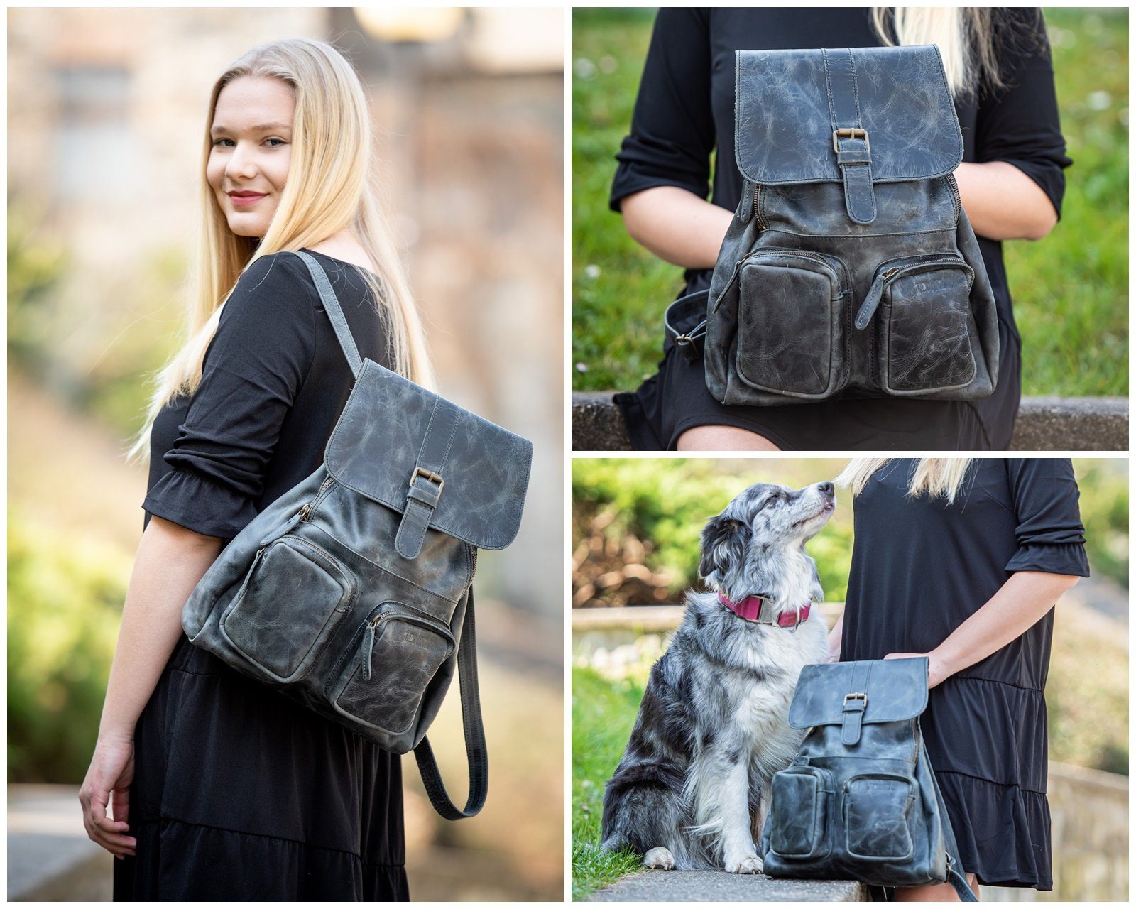 LECONI Freizeitrucksack Rucksack vintage Lederrucksack Damen Herren Leder LE1008, Vintage-Leder - 2 Fronttaschen mit Zipper - 31×40×11 cm