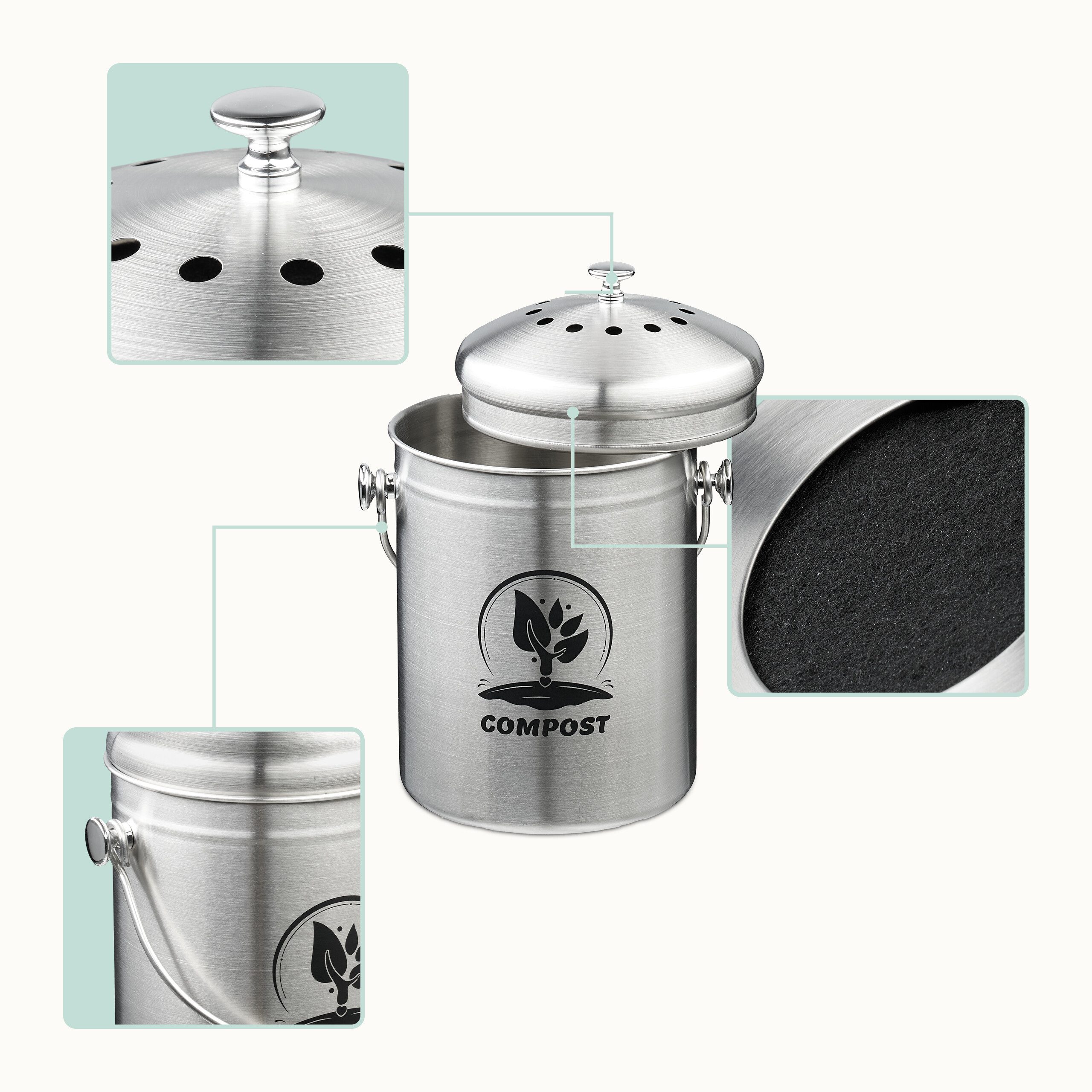 relaxdays Biomülleimer Komposteimer mit Geruchsfilter 5 Liter, silber