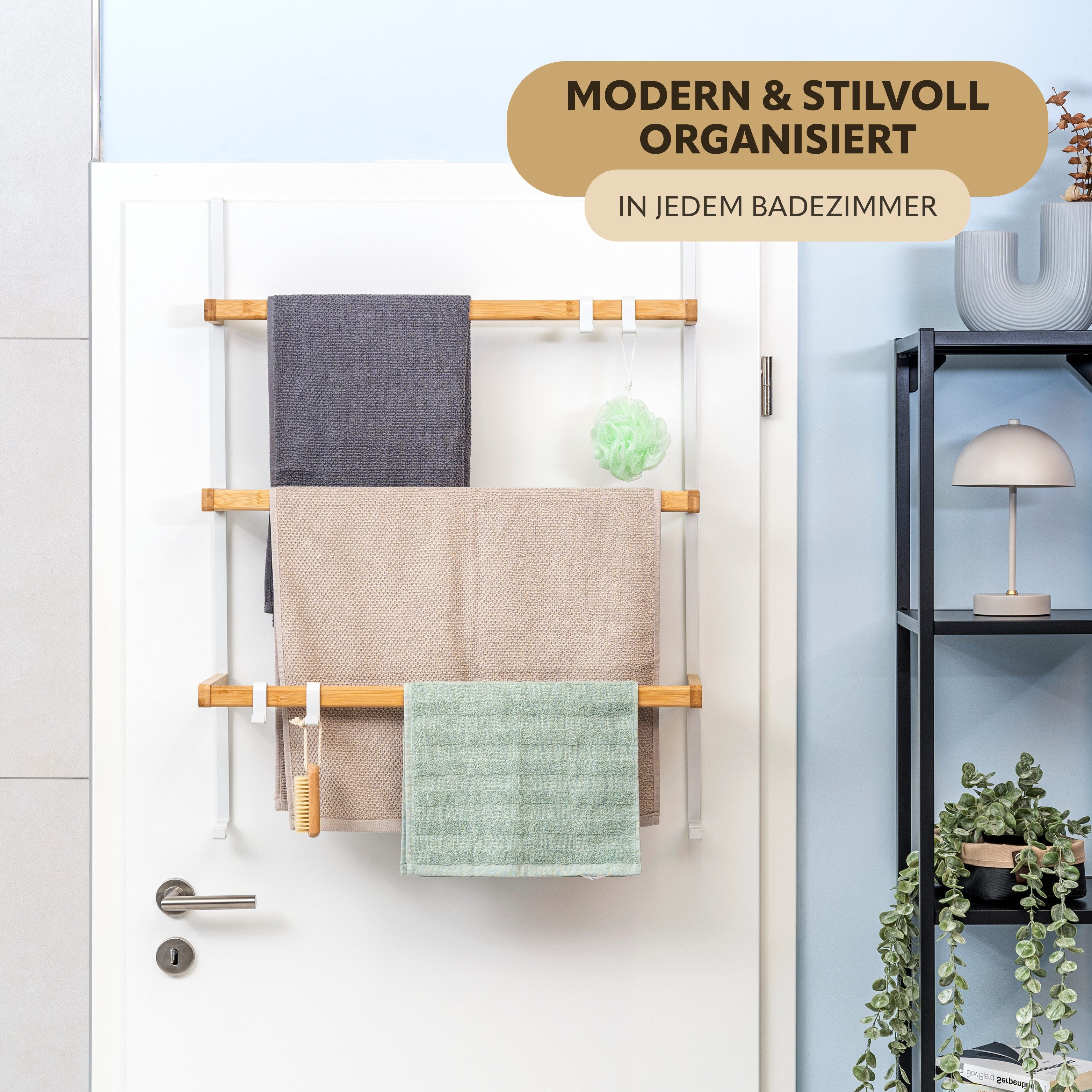 eluno Türregal Tür-Hängeregal aus Metall und Bambus, 3 Handtuchstangen günstig online kaufen