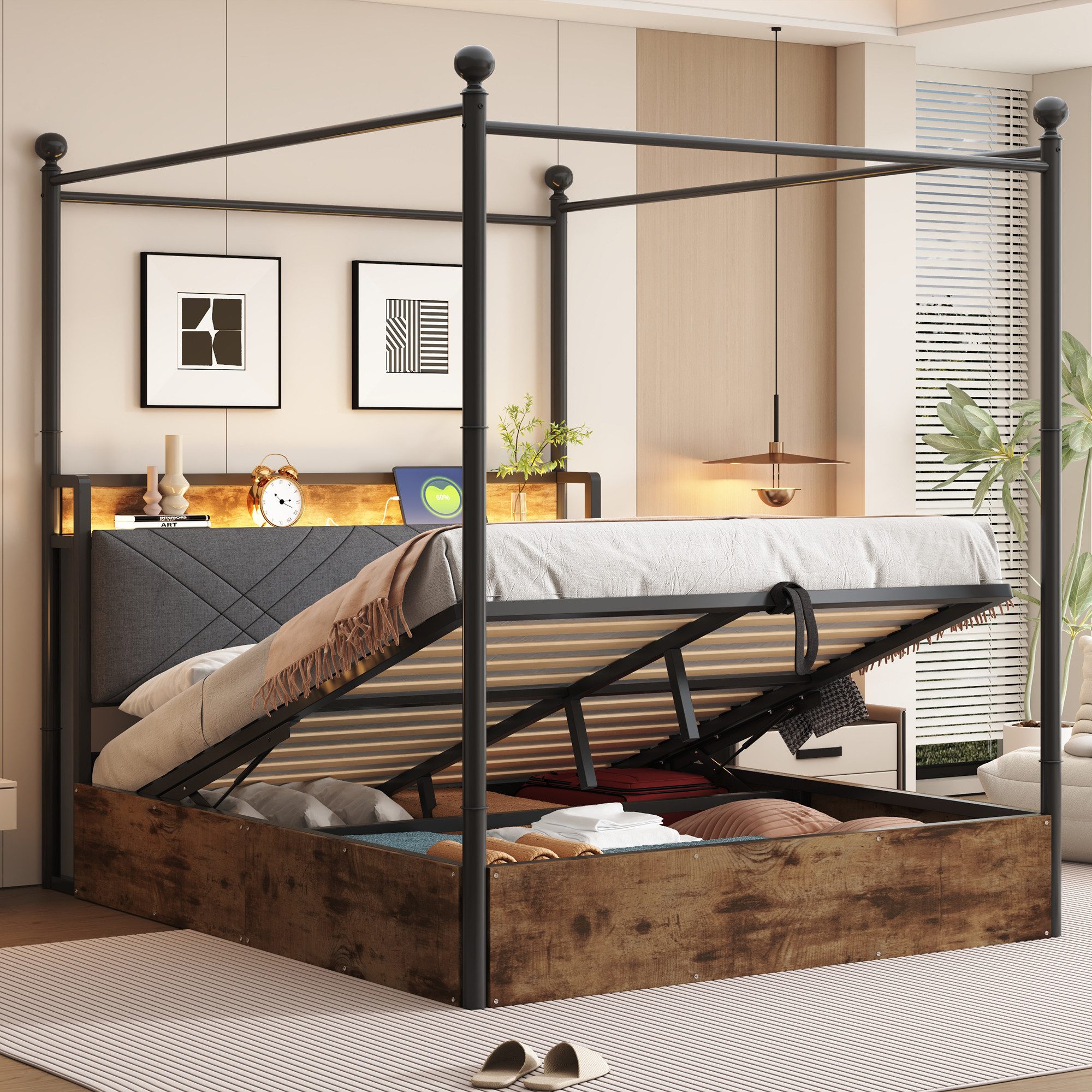 Celya Himmelbett Multifunktionales Doppelbett Jugendbett (ohne Matratze, mit abnehmbaren Bettpfosten mit LED, USB undType-C, mit Stauraum), ideal für moderne Schlafzimmer, Jugendzimmer oder kompakte Wohnungen