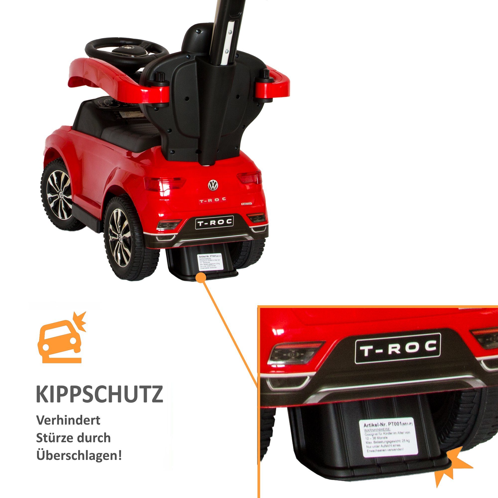 Lemodo Rutscherauto Rutschauto mit Schiebestange und Dach, Babyrutscher, VW Rutscher mit Schiebestange, Dach und Fußablage – Bild 4 von 5